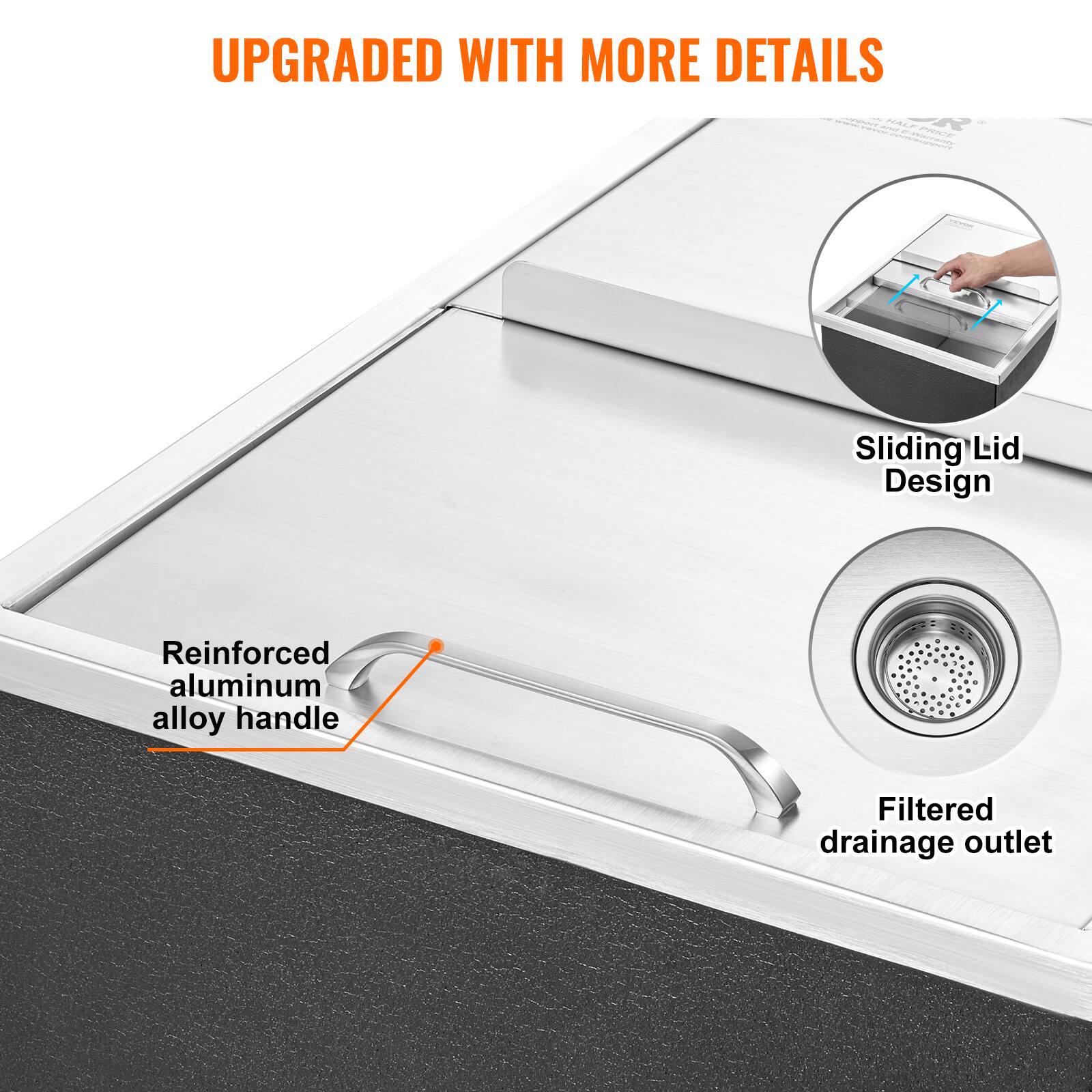 UPGRADED WITH MORE DETAILS

- Sliding Lid Design
- Reinforced aluminum alloy handle
- Filtered drainage outlet