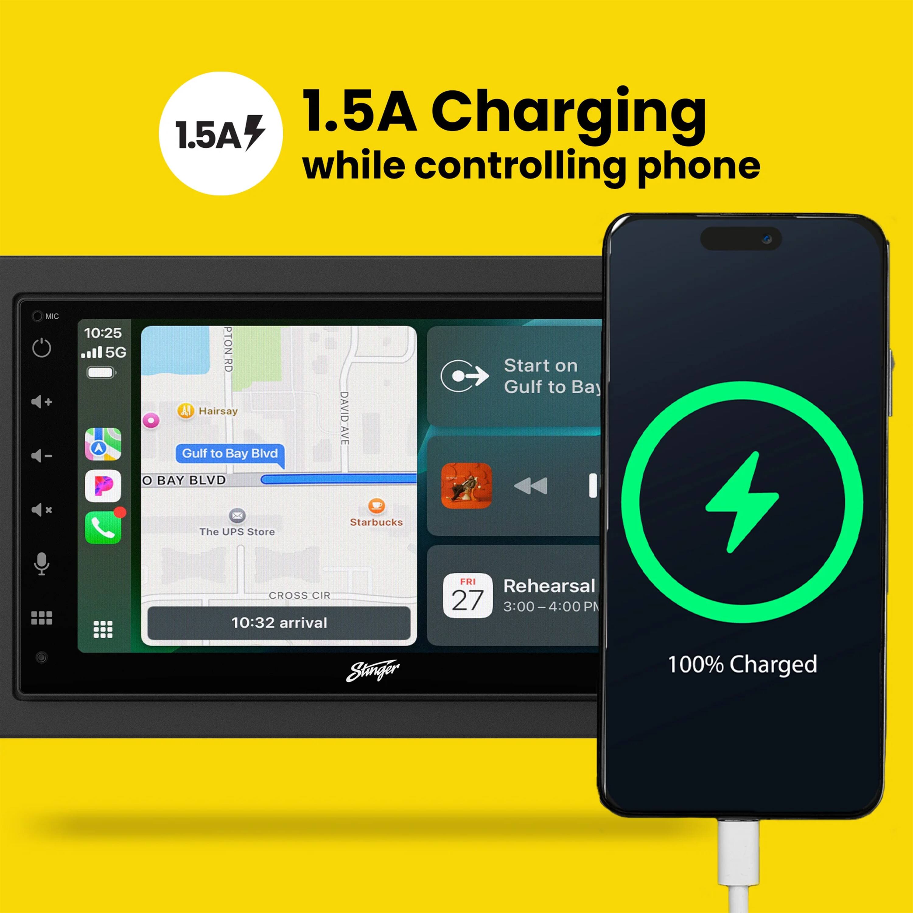 1.5A Charging while controlling phone

10:25 5G

Hairsay Gulf to Bay Blvd O BAY BLVD DAVID'AVE

Start on Gulf to Bay

The UPS Store Starbucks CROSS CIR

10:32 arrival

FRI 27 Rehearsal 3:00-4:00 PM

100% Charged