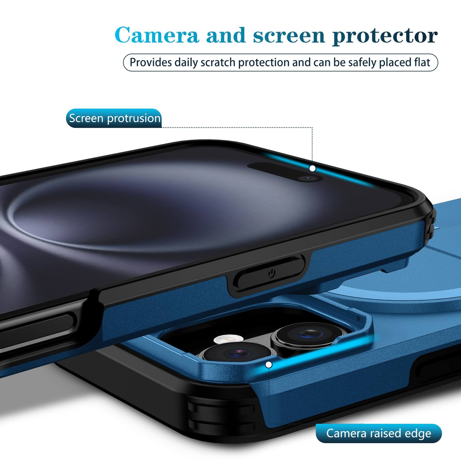Camera and screen protector  
Provides daily scratch protection and can be safely placed flat  

Screen protrusion  
Camera raised edge
