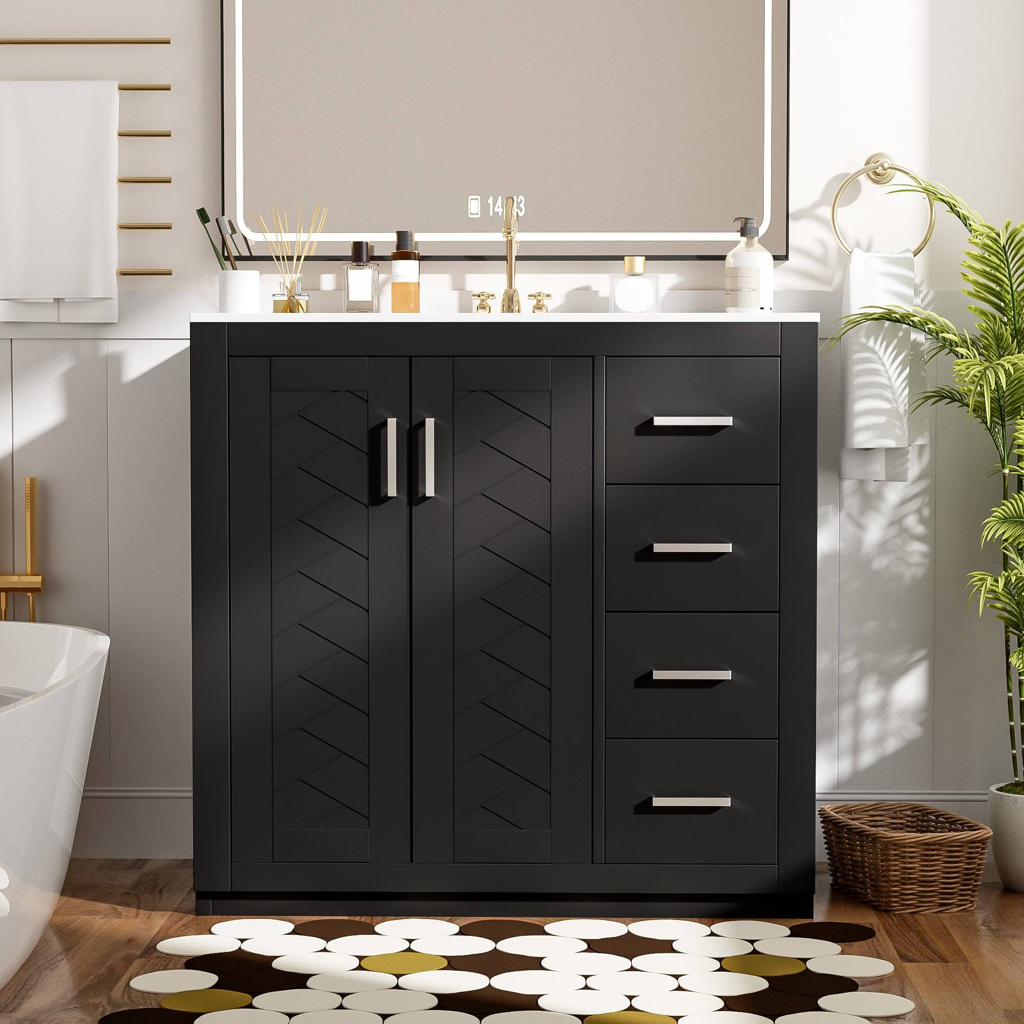 Alt View 1. Boyel Living - 36 Inch Bathroom Vanity with Ceramic Sink Solid Wood Frame Three Drawers Black - Black.
