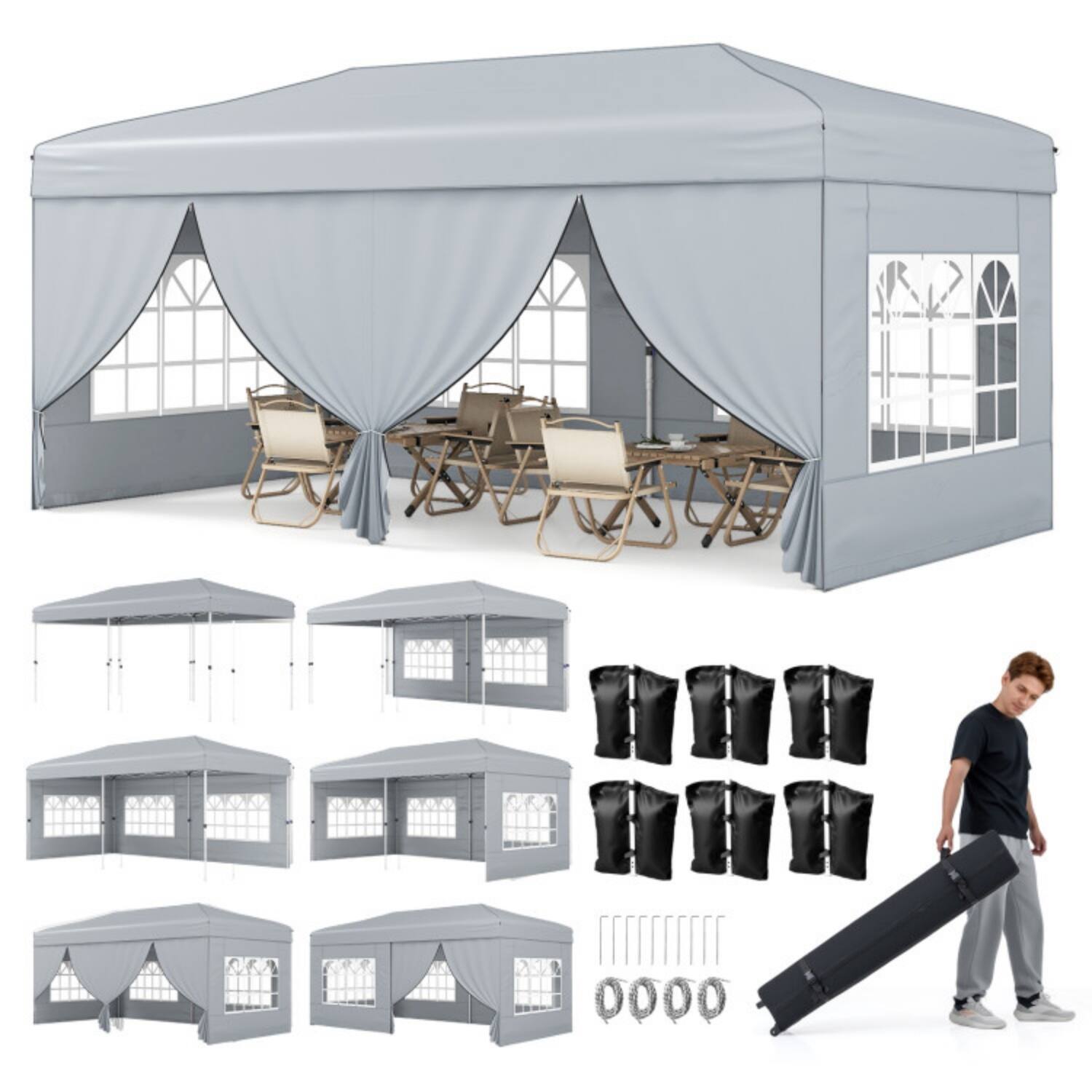 Alt View 6. Mondawe - 10 x 20 FT Pop-Up Canopy Tent with 6 Sidewalls and Wheeled Bag - Gray.