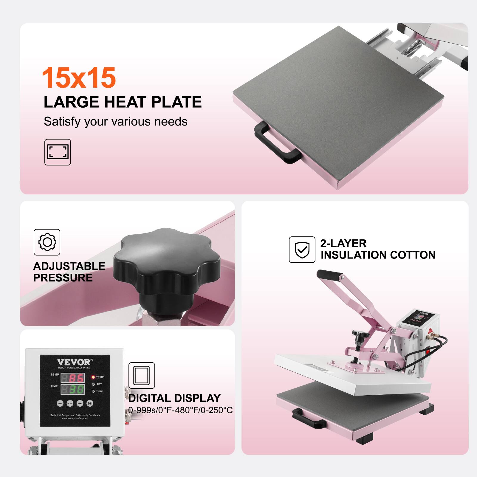 15x15 LARGE HEAT PLATE  
Satisfy your various needs

ADJUSTABLE PRESSURE

2-LAYER INSULATION COTTON

VEVOR  
TEMP 86 11:00 0 SET TIME : 88 0  
THE DIGITAL DISPLAY - DI 0-999s/0F-480F/0-250C

www.viry.com/consport