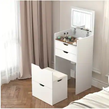 Front. LUCKY ONE - 17.9in 3-in-1 Multifunctional Vanity Set with Flip-up LED Mirror, 2 Drawers and Hidden Storage Stool - White.