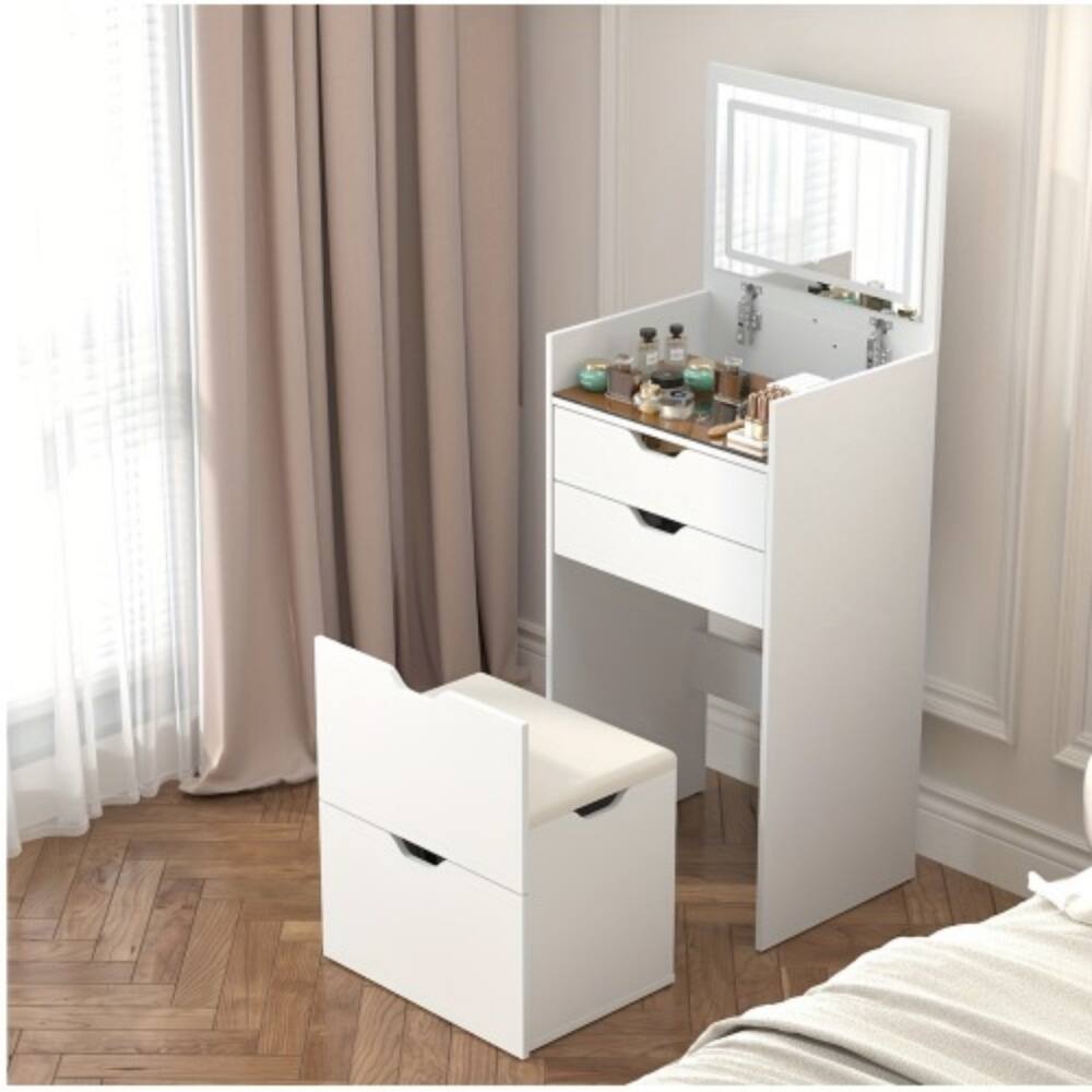 Front. LUCKY ONE - 17.9in 3-in-1 Multifunctional Vanity Set with Flip-up LED Mirror, 2 Drawers and Hidden Storage Stool - White.