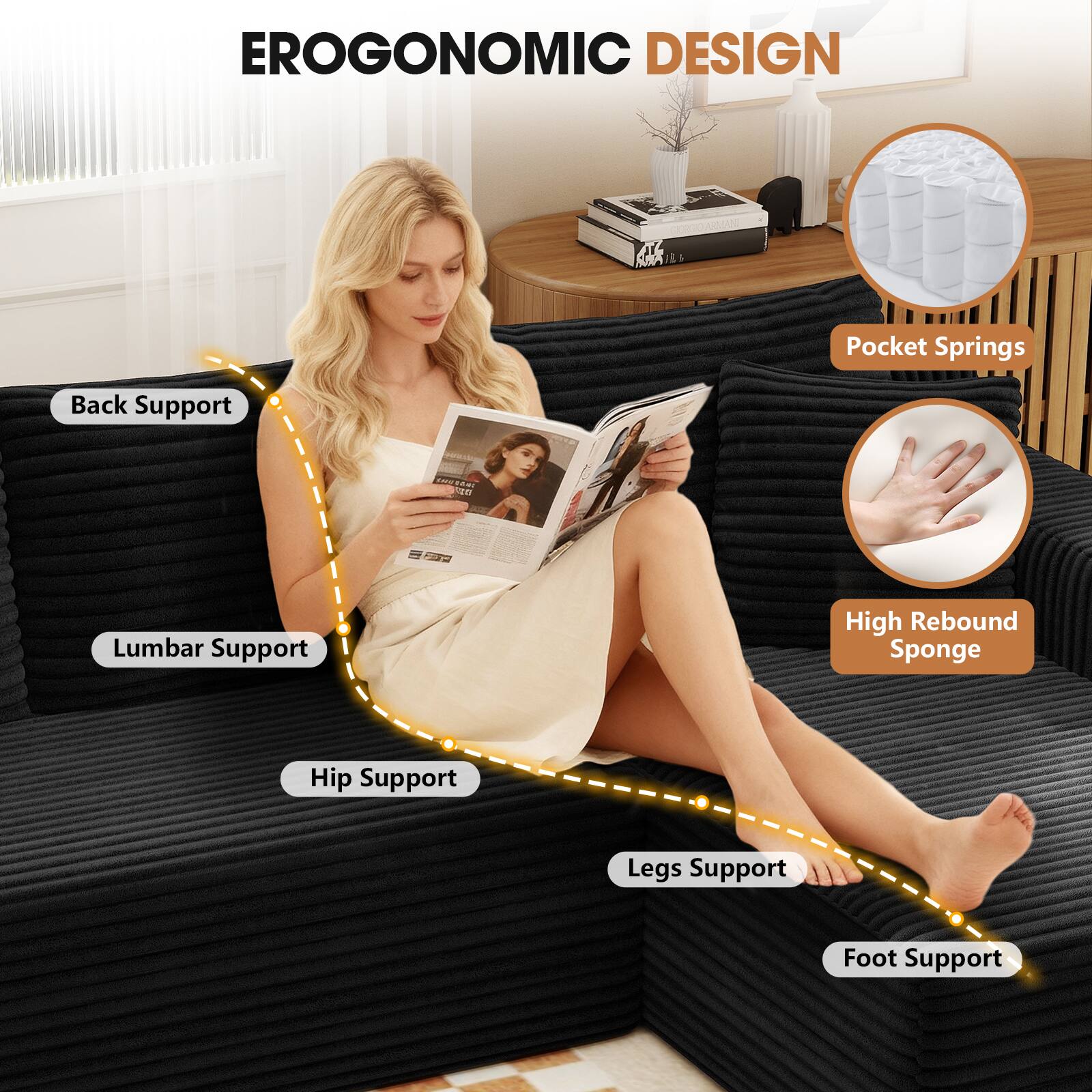 EROGONOMIC DESIGN

- Back Support
- Lumbar Support
- Hip Support
- Legs Support
- Foot Support

- Pocket Springs
- High Rebound Sponge