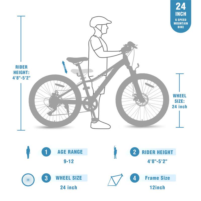 24 INCH 6 SPEED MOUNTAIN BIKE

1. AGE RANGE: 9-12
2. RIDER HEIGHT: 4'8"-5'2"
3. WHEEL SIZE: 24 inch
4. Frame Size: 12 inch