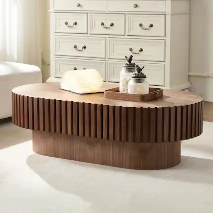Front. Trinkets Crazed - Round Fluted Coffee Table, Mid Century Modern Irregular Large 43.7 Inch Wood Drum Design - Walnut.