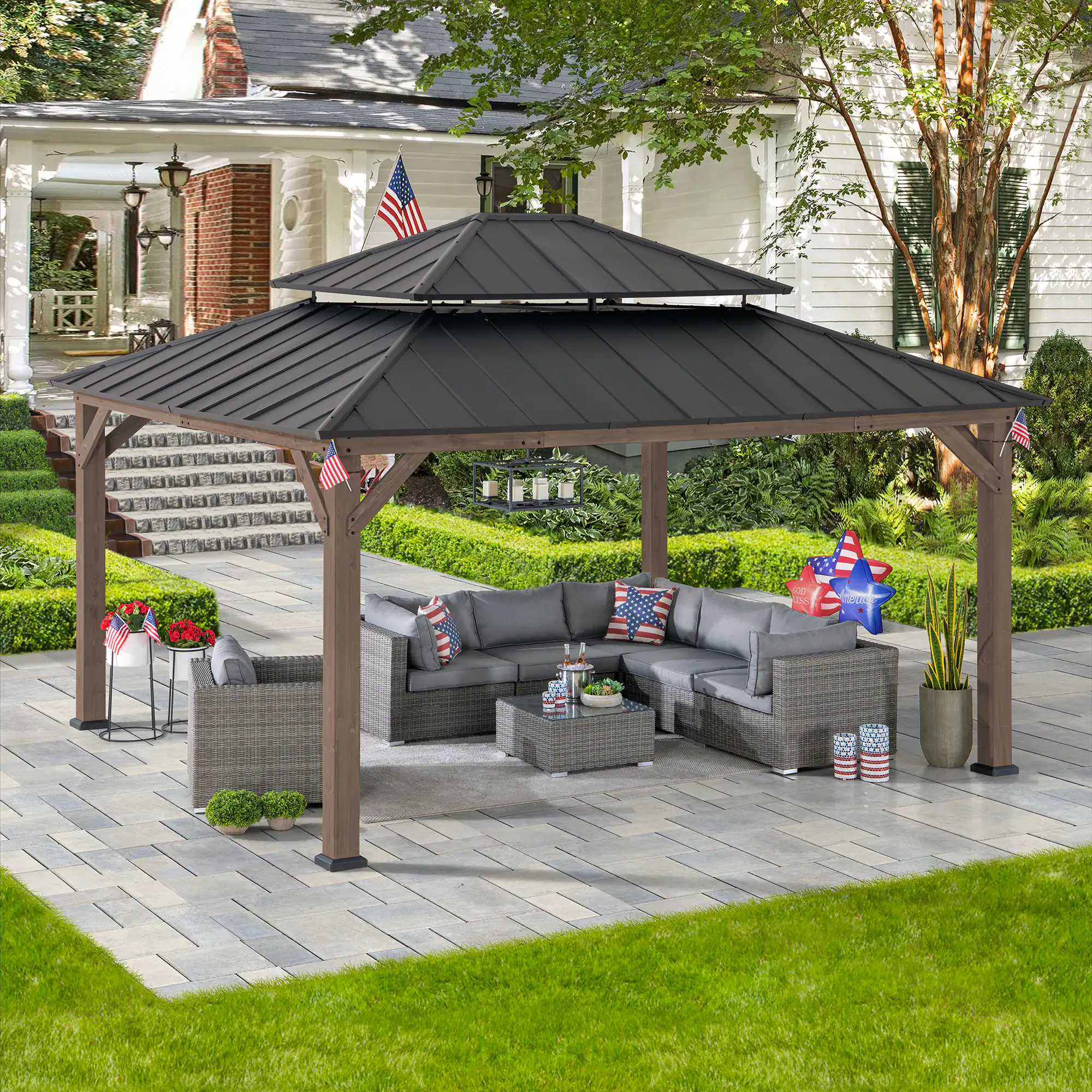 Angle. SUNJOY - Sunjoy 13 ft. x 15 ft. Cedar Framed Gazebo with Brown Steel 2-tier Hip Roof Hard Top - brown.
