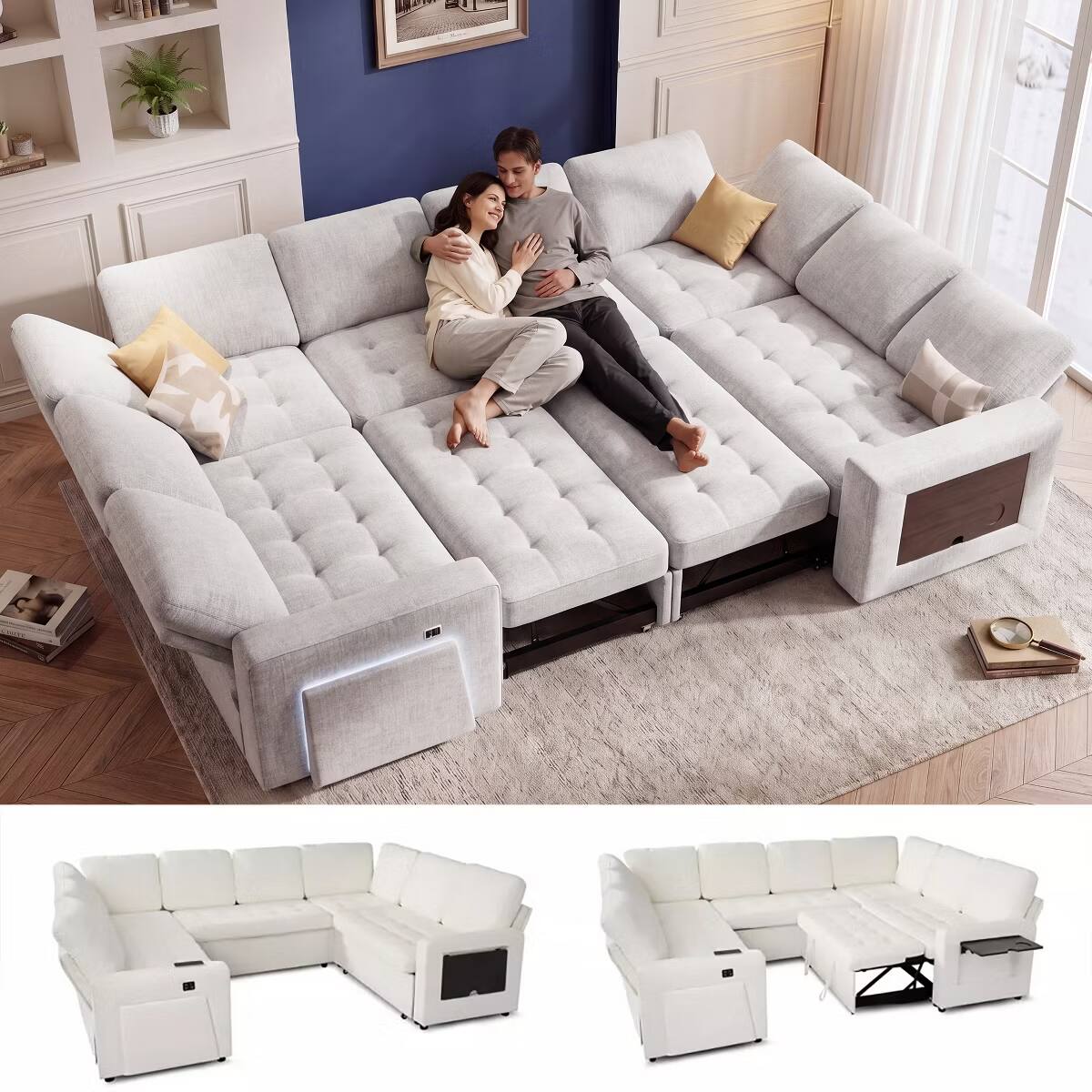 Front. Dyonery - 8 Seat U-Shaped Modular Sleeper Sofa with Pull Out Bed/Reclining Backrest/USB Ports/LED Light ,Chenille Beige - Beige.