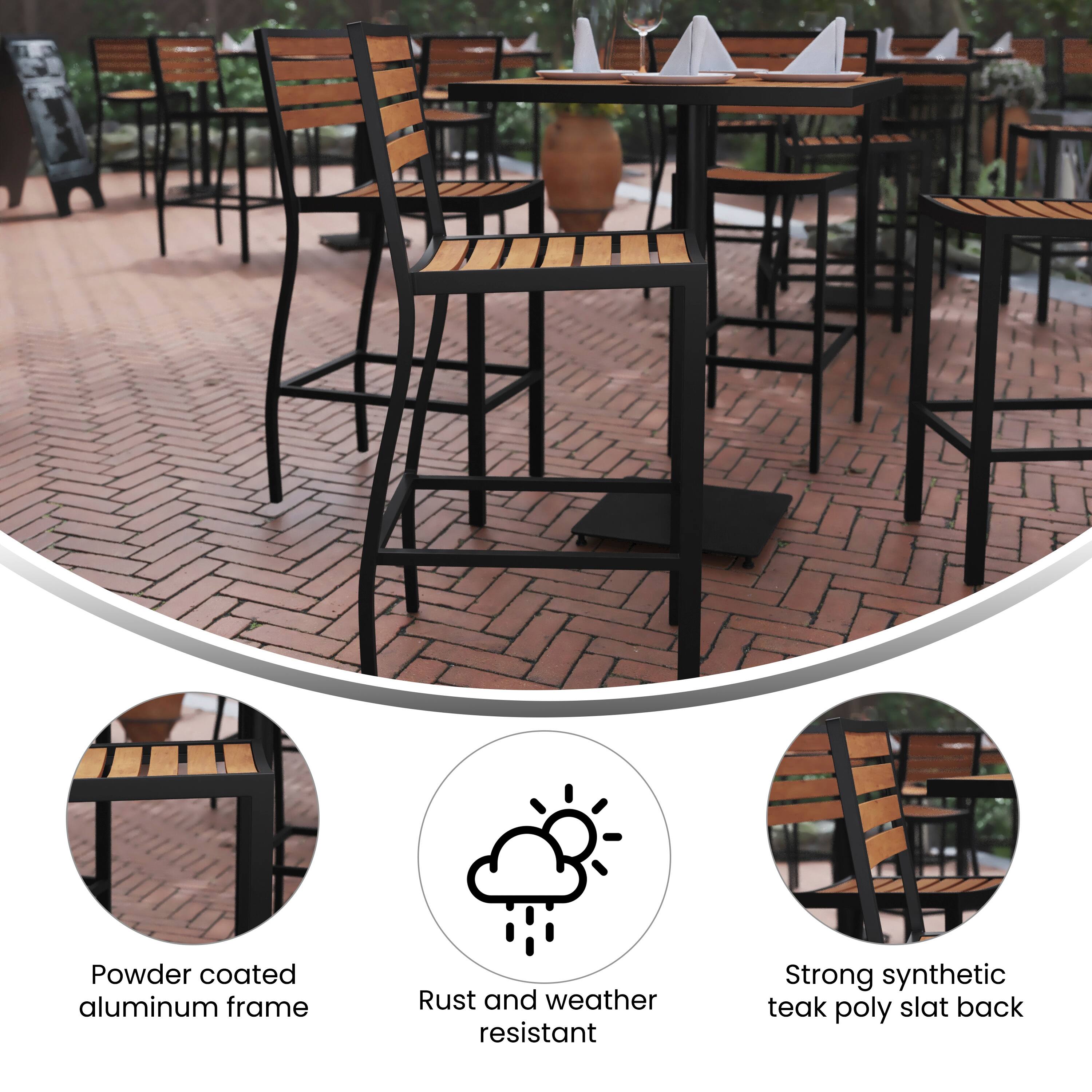 Powder coated aluminum frame  
Rust and weather resistant  
Strong synthetic teak poly slat back