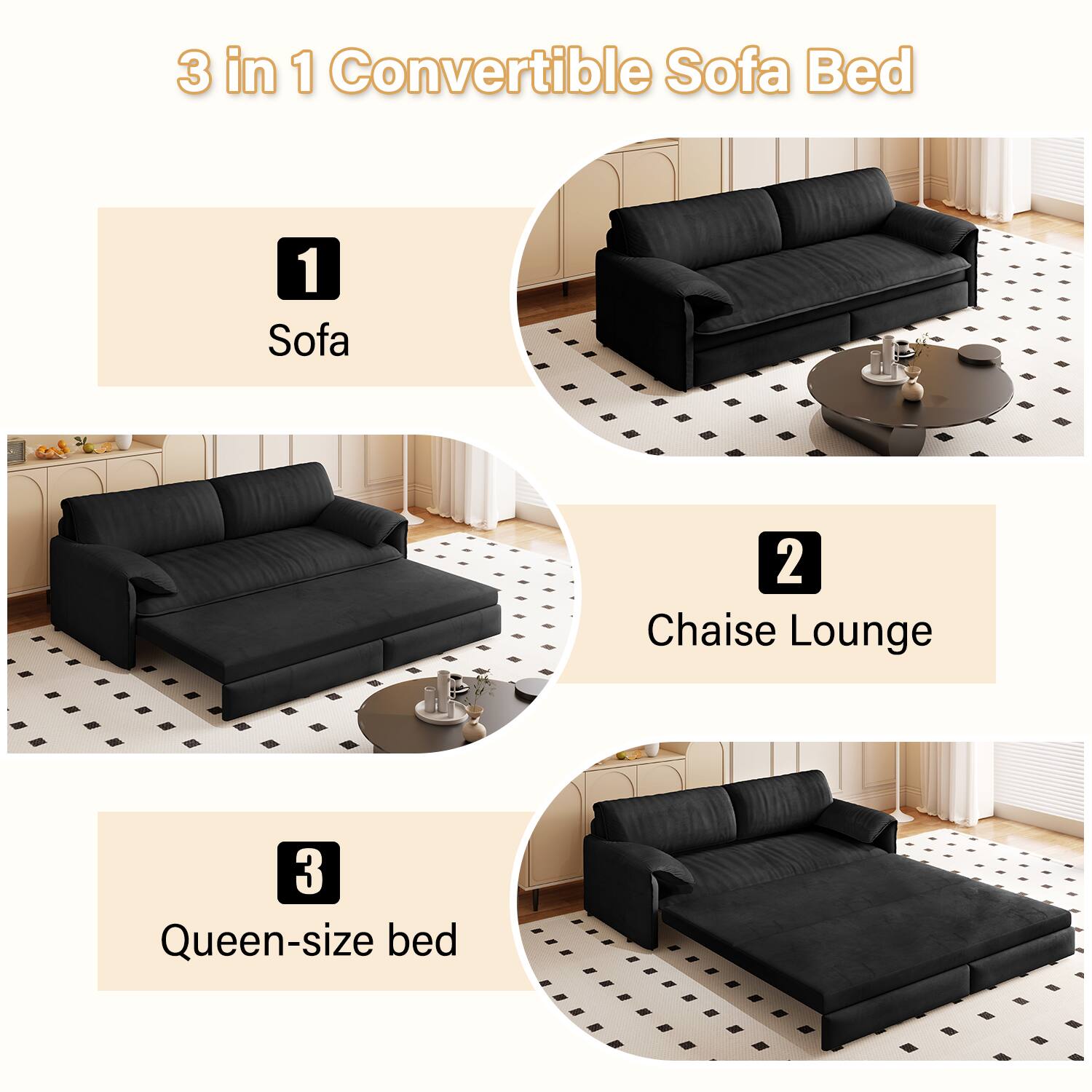 3 in 1 Convertible Sofa Bed
1 Sofa
2 Chaise Lounge
3 Queen-size bed