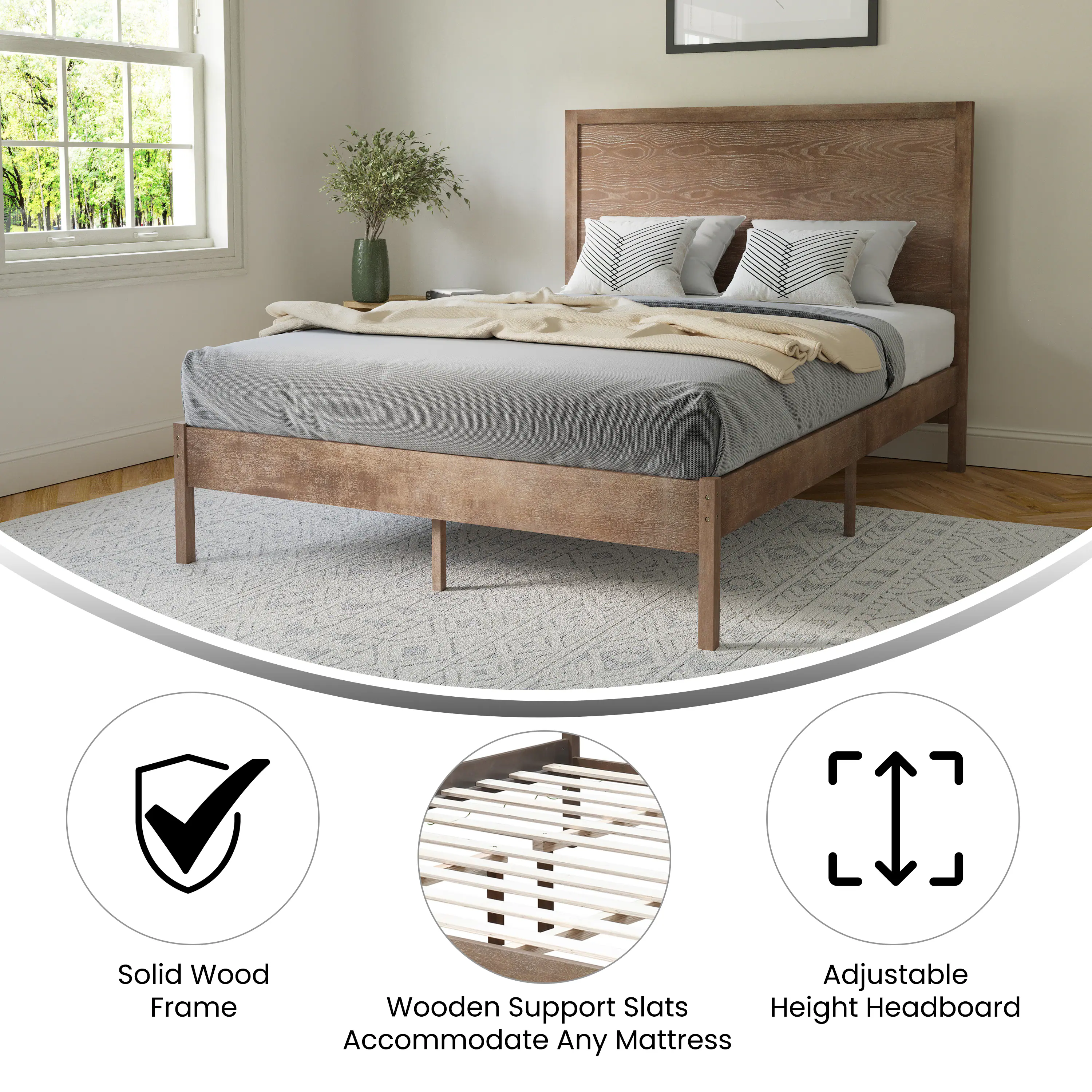 Solid Wood Adjustable Frame Wooden Support Slats Accommodate Any Mattress Height Headboard