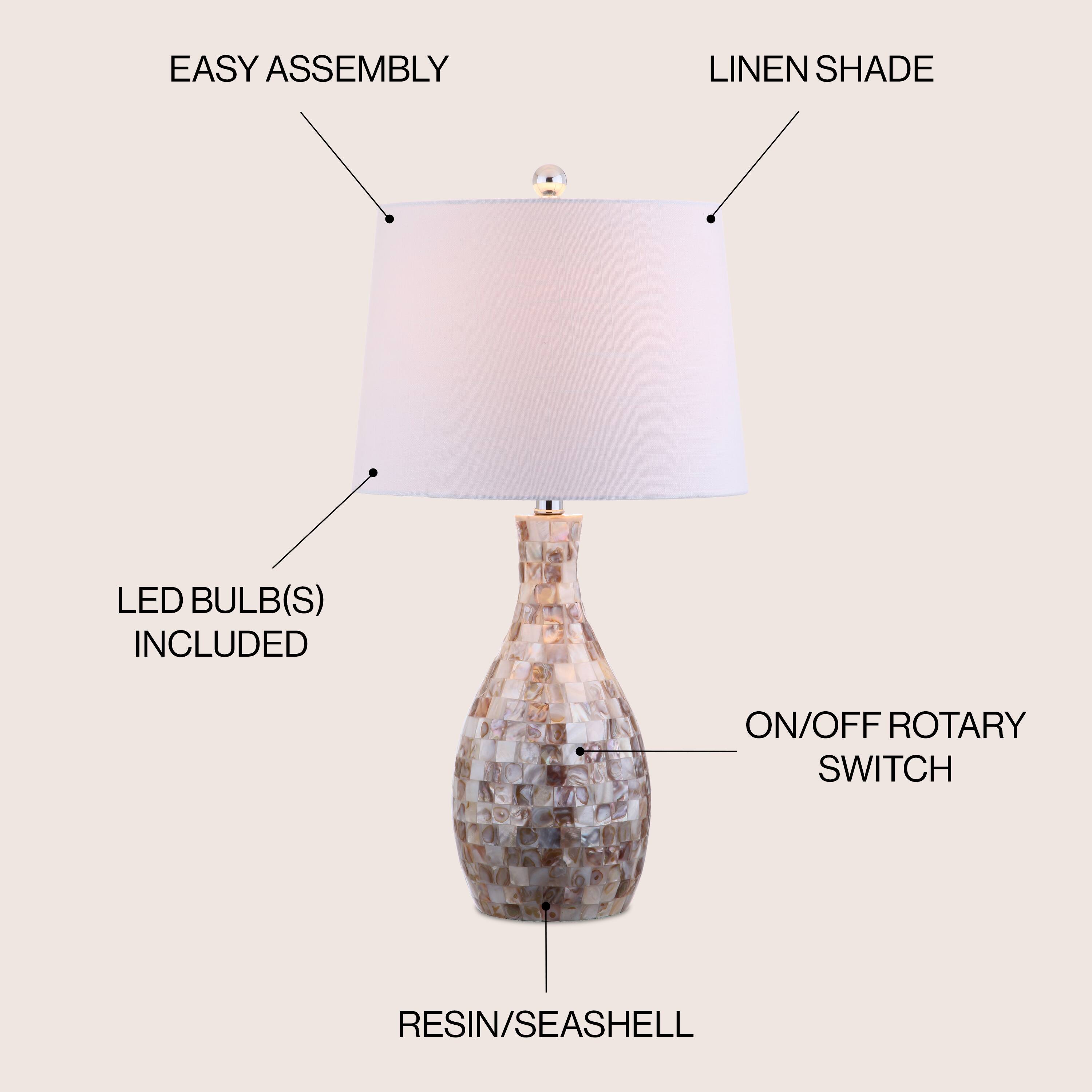 EASY ASSEMBLY  
LINEN SHADE  
LED BULB(S) INCLUDED  
ON/OFF ROTARY SWITCH  
RESIN/SEASHELL