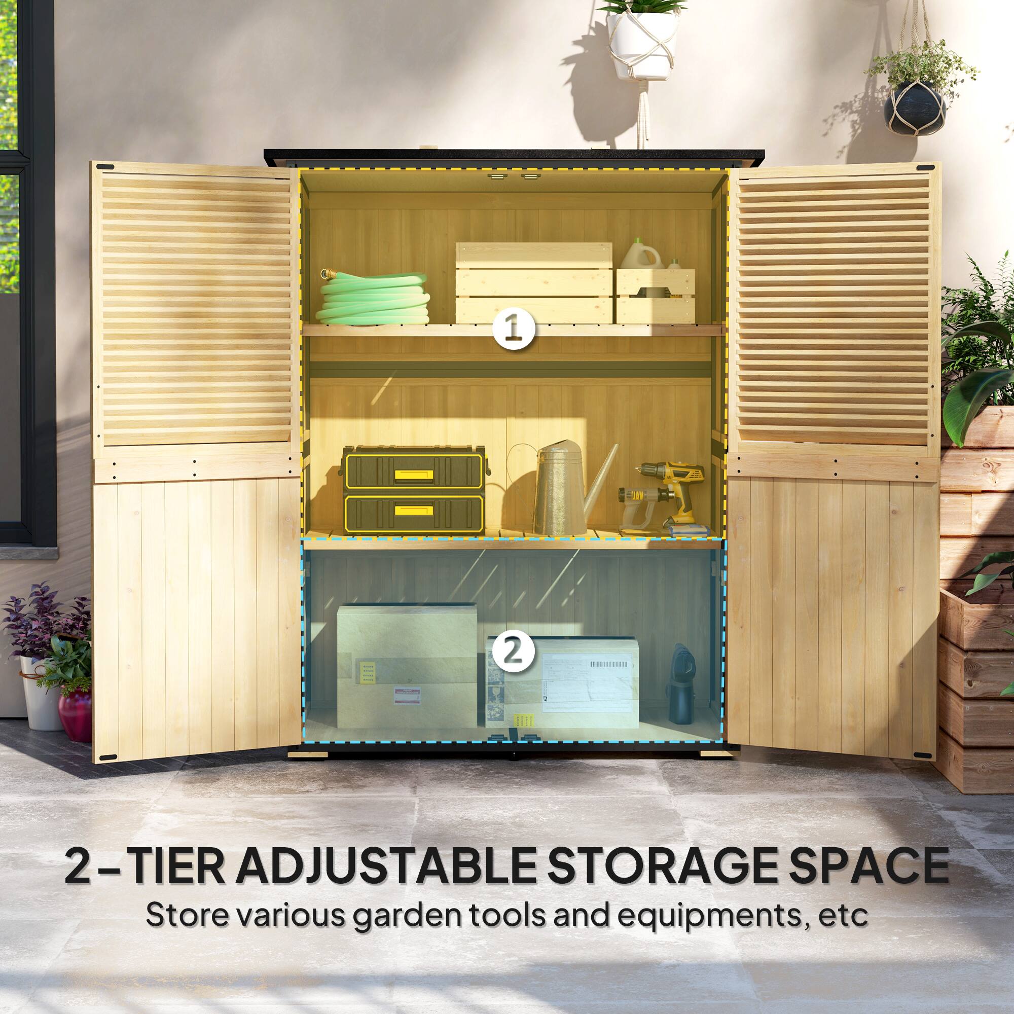1 - 119 2 - TIER ADJUSTABLE STORAGE SPACE Store various garden tools and equipments, etc