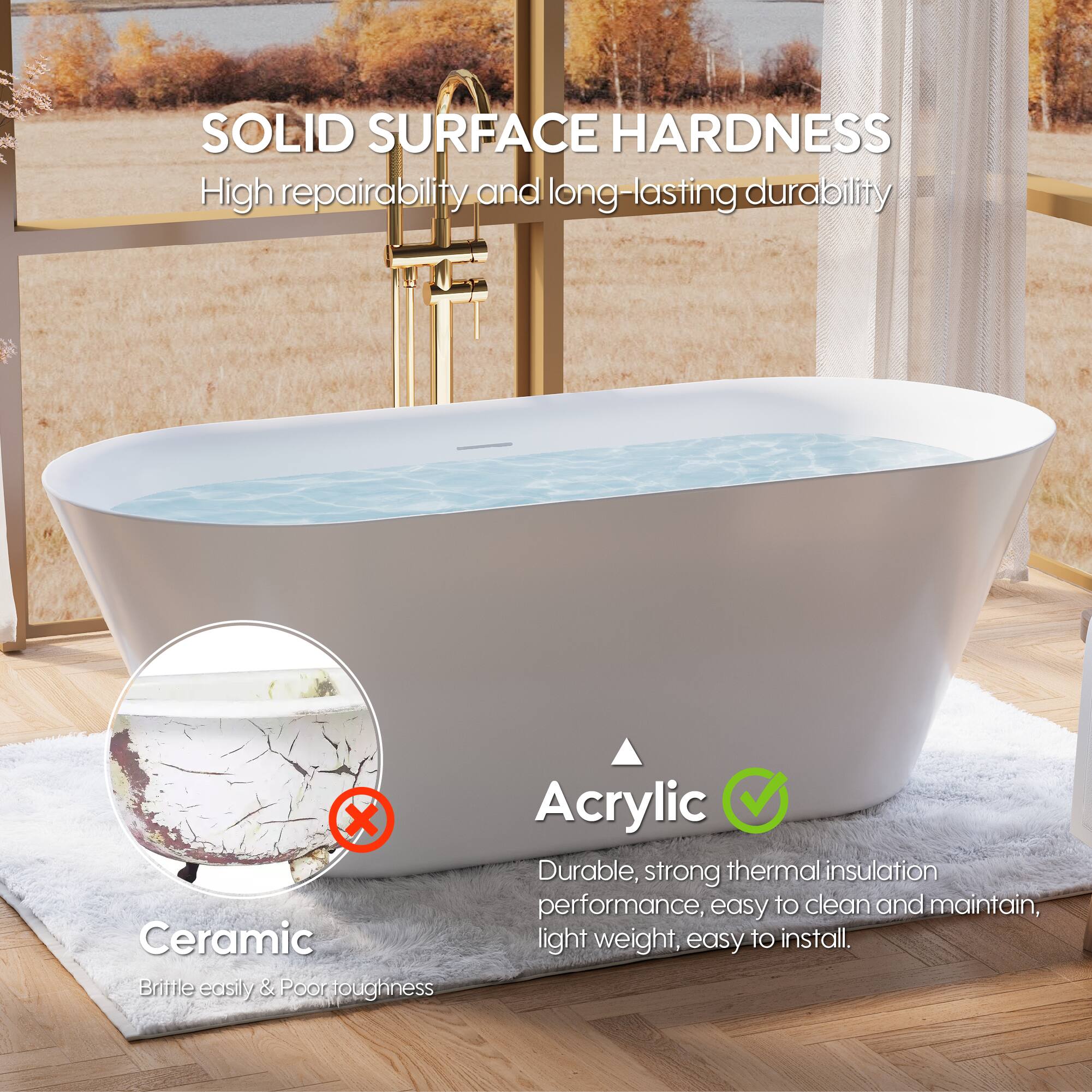 SOLID SURFACE HARDNESS  
High repairability and long-lasting durability  

Ceramic  
Brittle easily & Poor toughness  

Acrylic  
Durable, strong thermal insulation performance, easy to clean and maintain, light weight, easy to install.