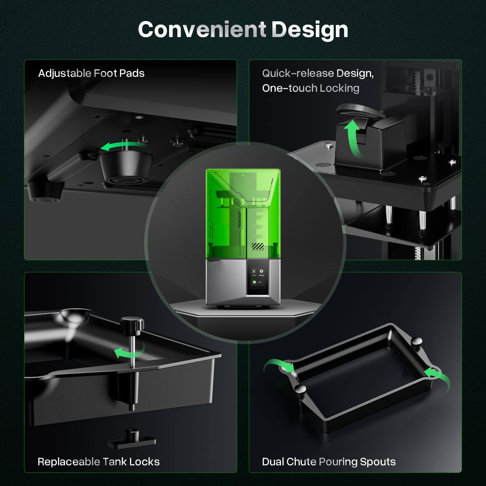 Convenient Design

- Adjustable Foot Pads
- Quick-release Design, One-touch Locking
- Replaceable Tank Locks
- Dual Chute Pouring Spouts