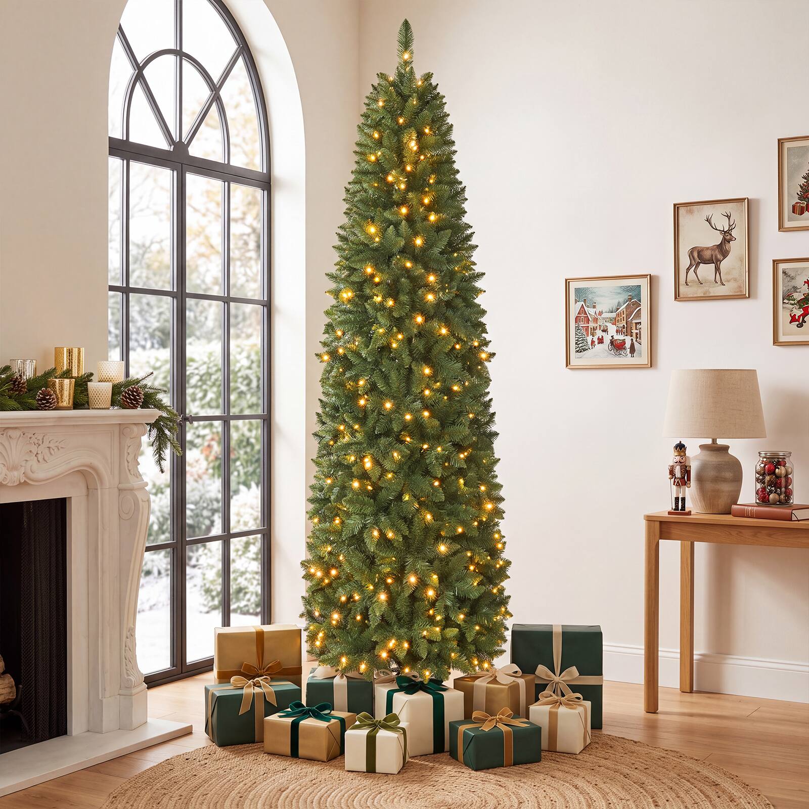 Gymax - 7.5FT Pre-Lit Artificial Christmas Tree Slim Pencil Hinged Xmas Tree - Green