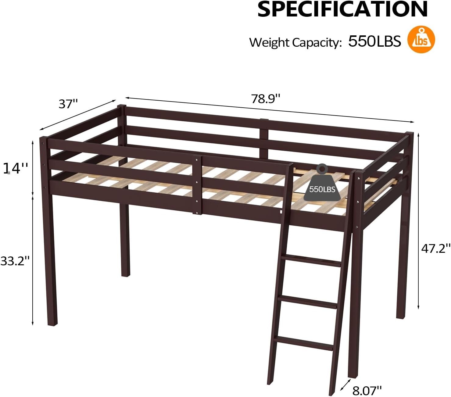 SPECIFICATION  
Weight Capacity: 550LBS  
37" x 78.9" x 14"  
33.2" x 47.2" x 8.07"