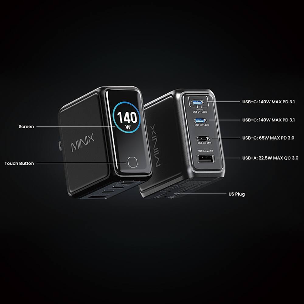 Screen Touch Button  
MINIX 140W  
MINIX USB-C  
140W MAX PD 3.1  
USB-C: 140W MAX PD 3.1  
USB-C: 65W MAX PD 3.0  
USB-A: 22.5W MAX QC 3.0  
US Plug