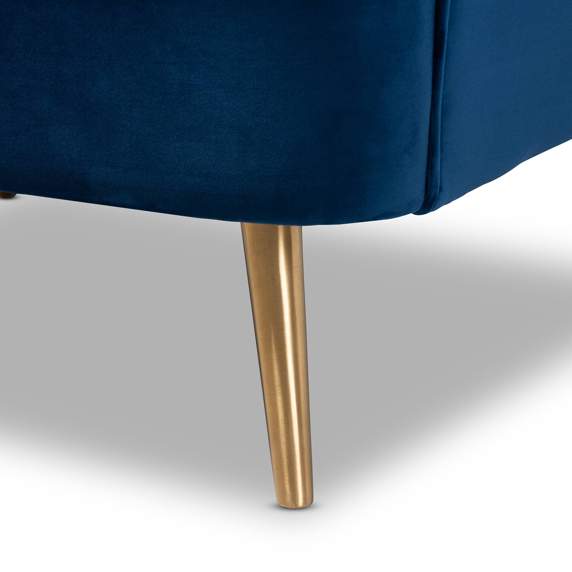 Alt View 2. Baxton Studio - Emeline Glam and Luxe Velvet Fabric Upholstered Brushed Gold Finished Accent Chair - Blue/Gold.