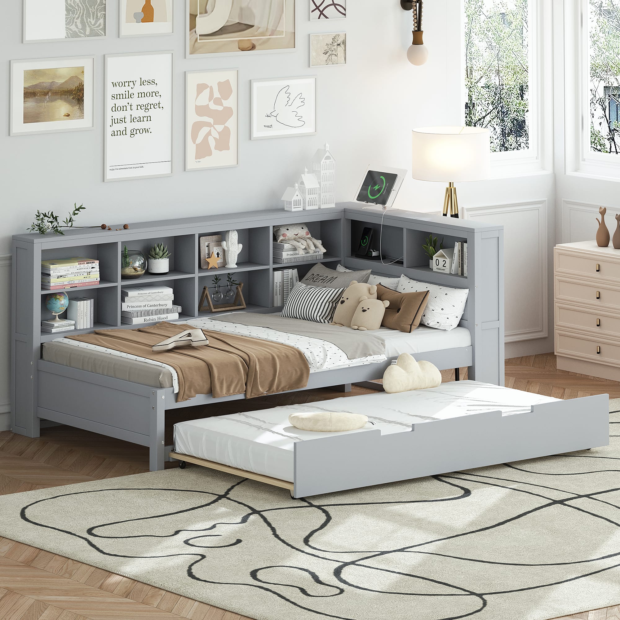 APRILSOUL - Wooden Twin Size DayBed with Twin Size Trundle DayBed with Storage Shelf and USB Charging PortsGrey - Gray
