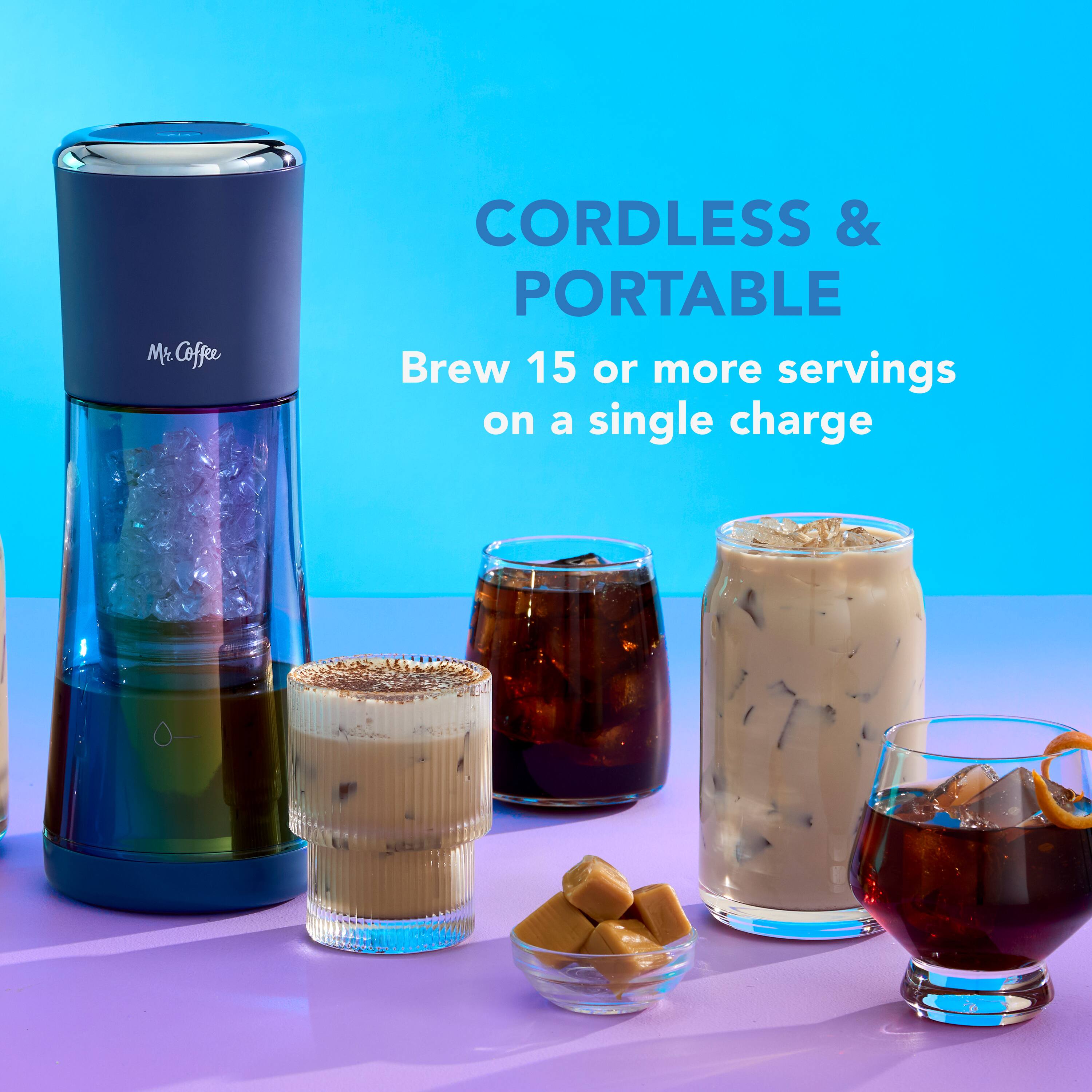 Mr. Coffee CORDLESS & PORTABLE Brew 15 or more servings on a single charge