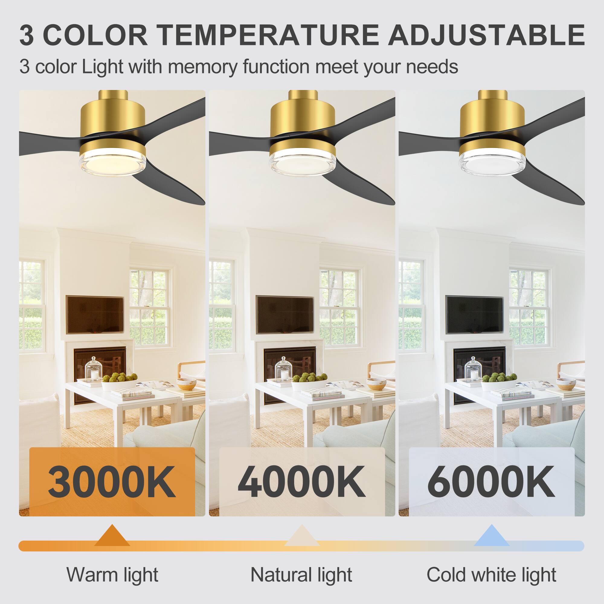 3 COLOR TEMPERATURE ADJUSTABLE  
3 color Light with memory function meet your needs  

3000K  
Warm light  

4000K  
Natural light  

6000K  
Cold white light
