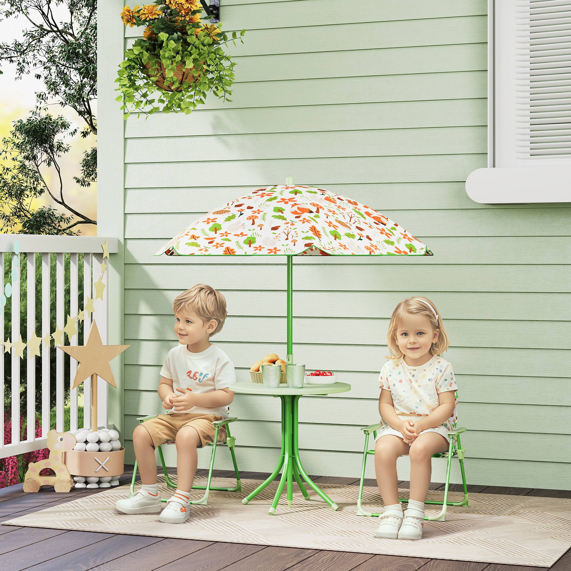Angle. Qaba - Kids Picnic Table and Chair Set, Outdoor Activity Table with Foldable Chairs, Removable Umbrella, Fox Pattern - Green.