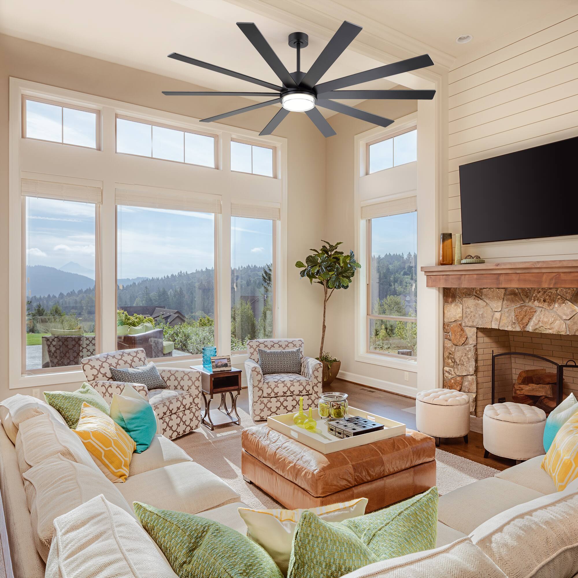 Left. Breezary - 75-Inch LED Ceiling Fan with Light, 10 Plywood Blades, DC Motor, Remote, Includes 6, 12 & 23.4 Inch Downrods - black.