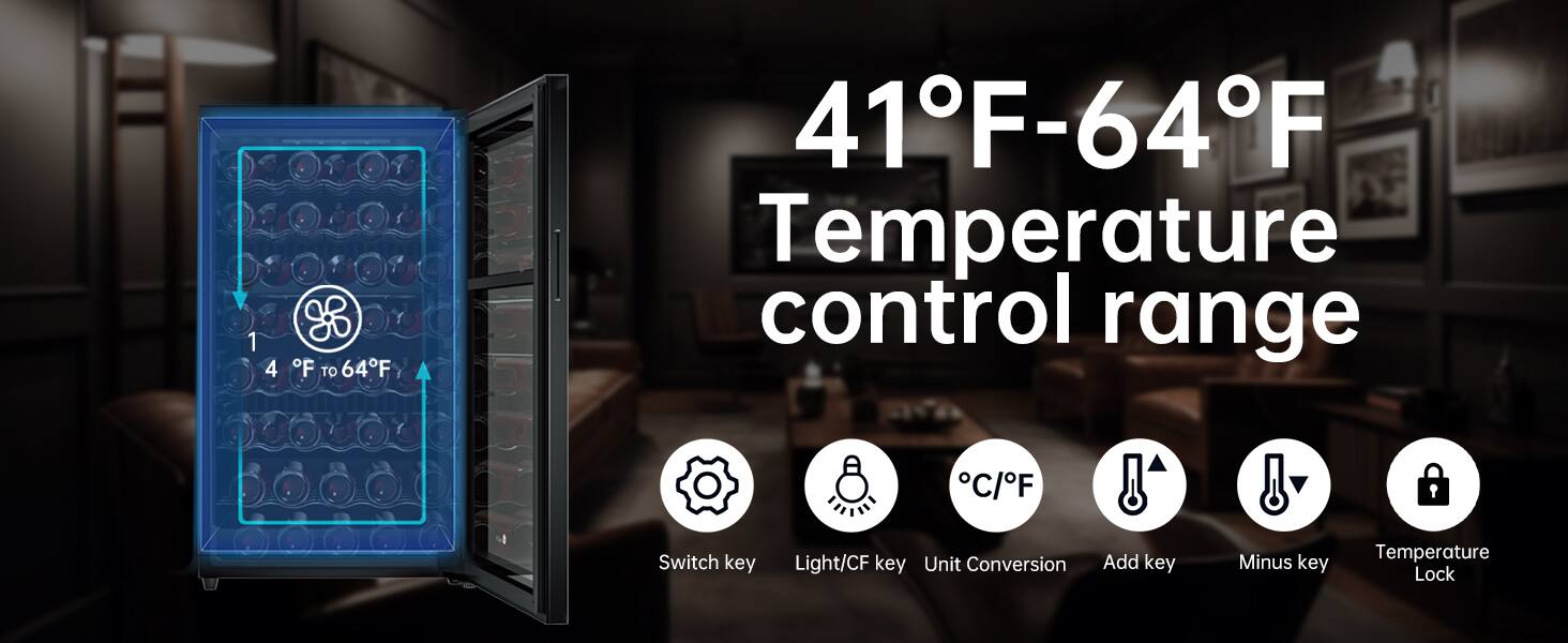 1 4 F TO 64F  
41F-64F  
Temperature control range  
FHINL  
C/F Switch key  
Light/CF key  
Unit Conversion  
Add key  
Minus key  
Temperature Lock