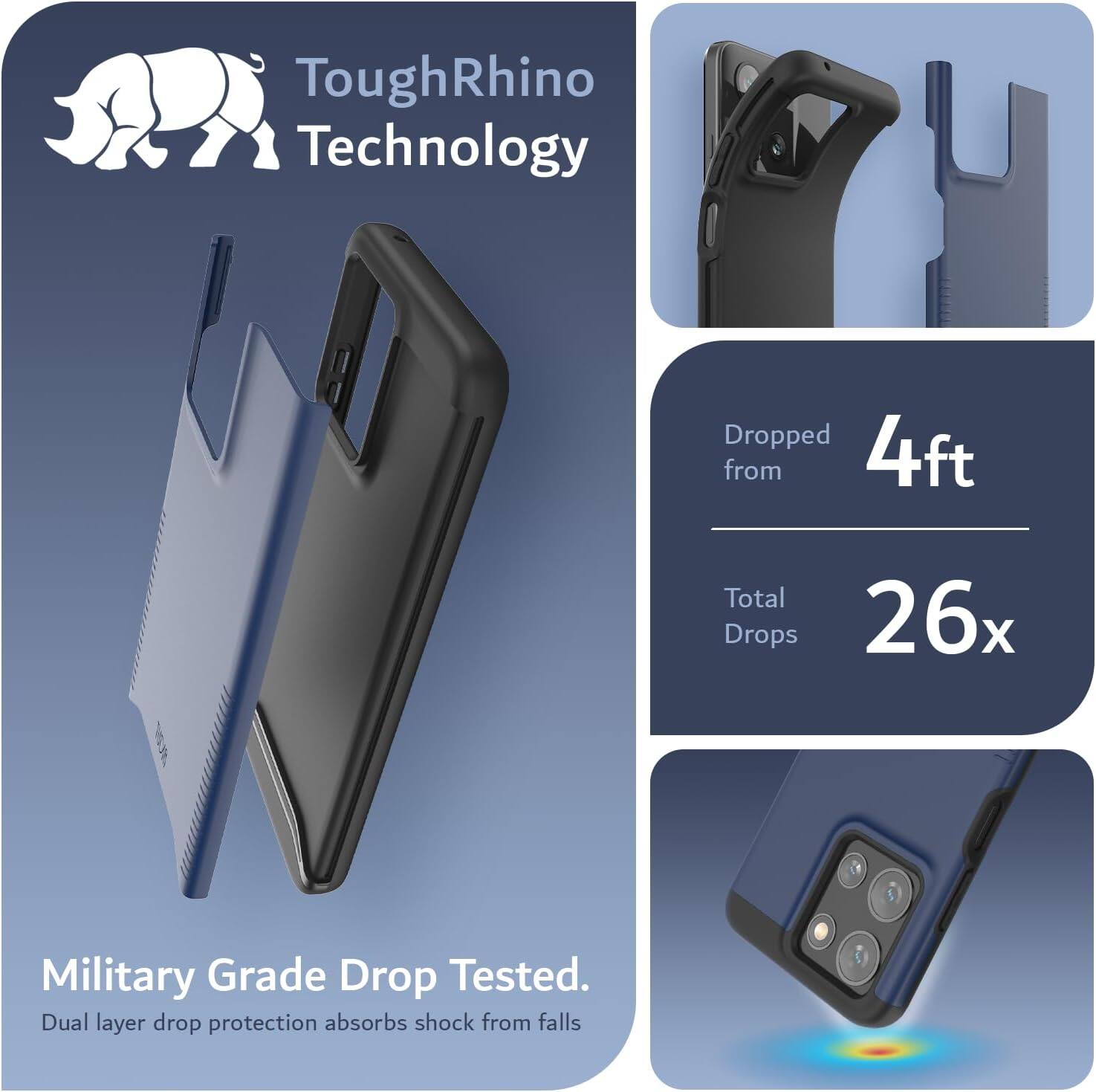 ToughRhino Technology

Dropped from 4ft  
Total Drops 26x

Military Grade Drop Tested.  
Dual layer drop protection absorbs shock from falls