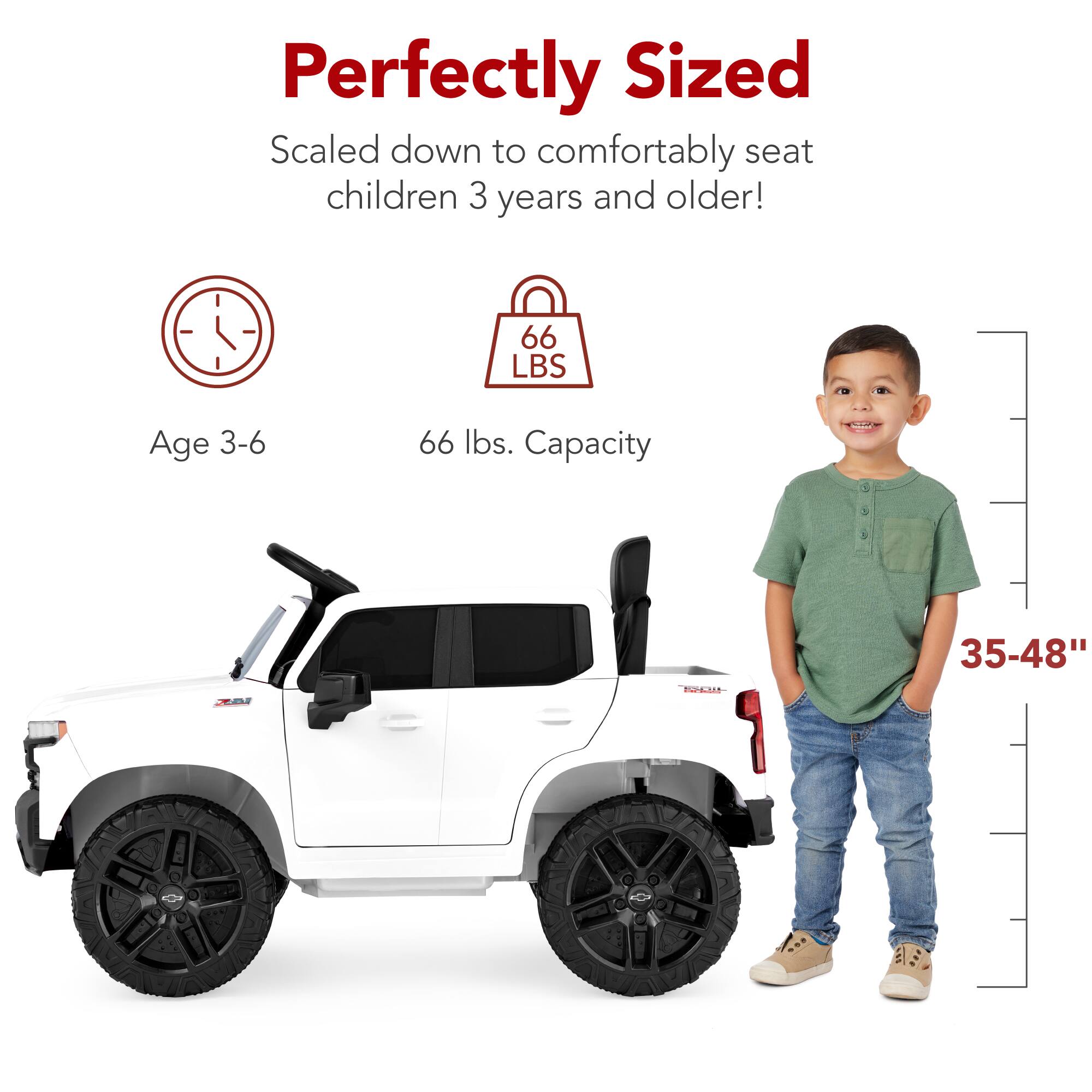 Perfectly Sized, Scaled down to comfortably seat children 3 years and older! Age 3-6, 66 lbs. Capacity, 35-48"