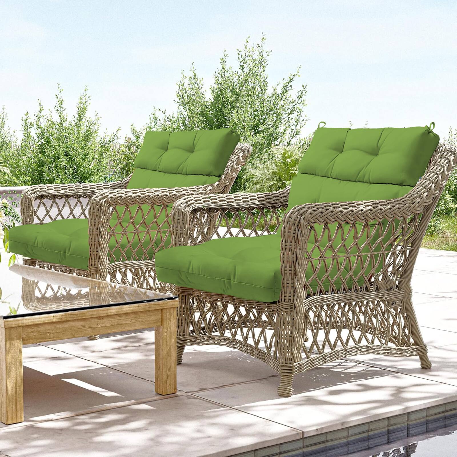 Alt View 5. Chateau Abodes - 2-Pack Outdoor High Back Chair Cushions, 44"x22"x4" Fade-Resistant Waterproof Tufted Pads with Ties - Green.