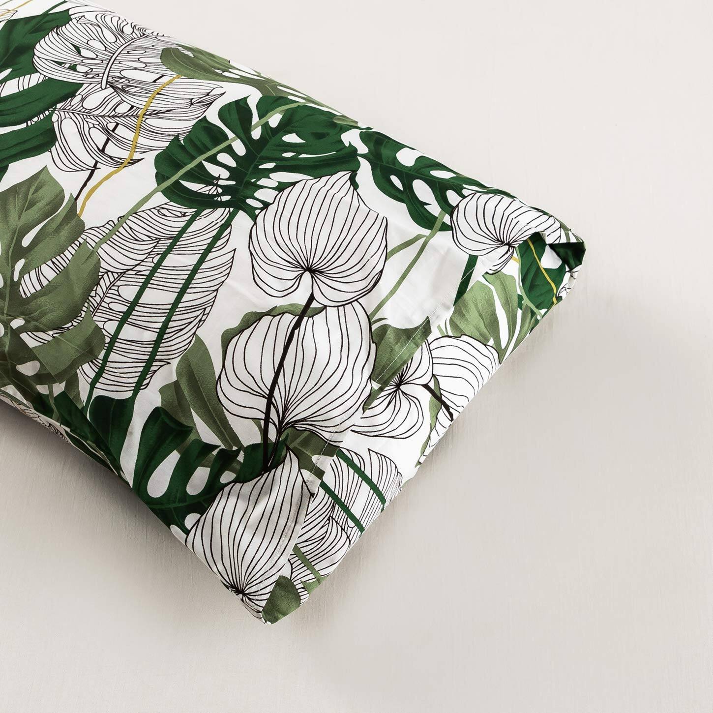Back. Fabibe - Pillowcase Cotton Queen Size Set Of 2 Green Botanical Monstera Leaves Print Decorative Bed Pillow Covers With Envelope - Blue Plants-King.