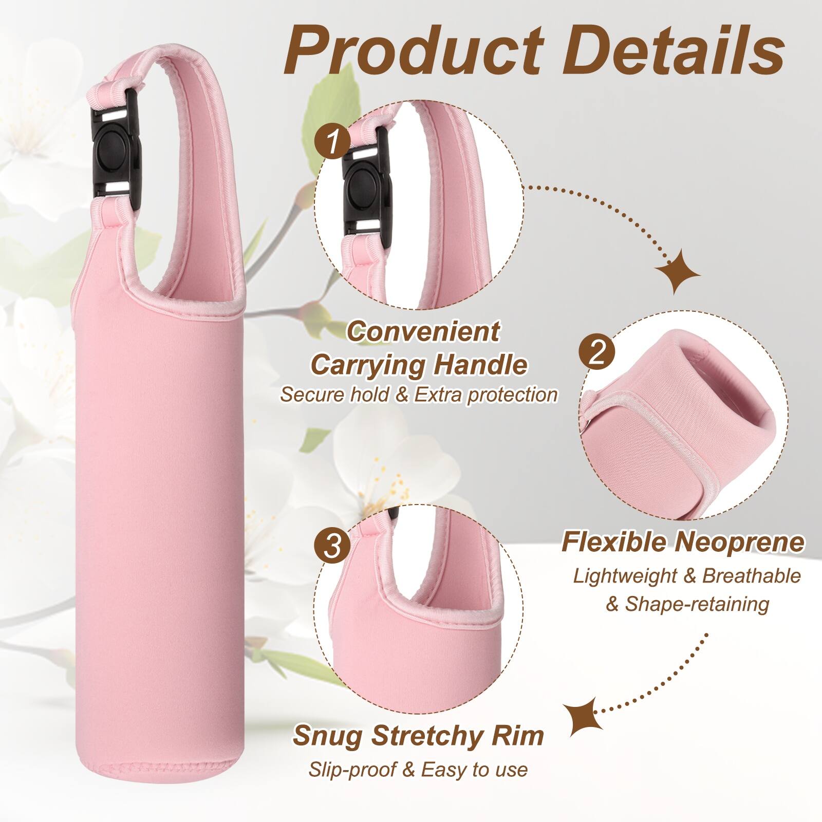 Product Details

1. Convenient Carrying Handle
   - Secure hold & Extra protection

2. Flexible Neoprene
   - Lightweight & Breathable & Shape-retaining

3. Snug Stretchy Rim
   - Slip-proof & Easy to use