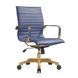 LeisureMod - Harris Mid-Back Office Chair, Leather Upholstery with Gold Metal Frame Modern Armless Desk Chair for Conference Seating - Navy Blue