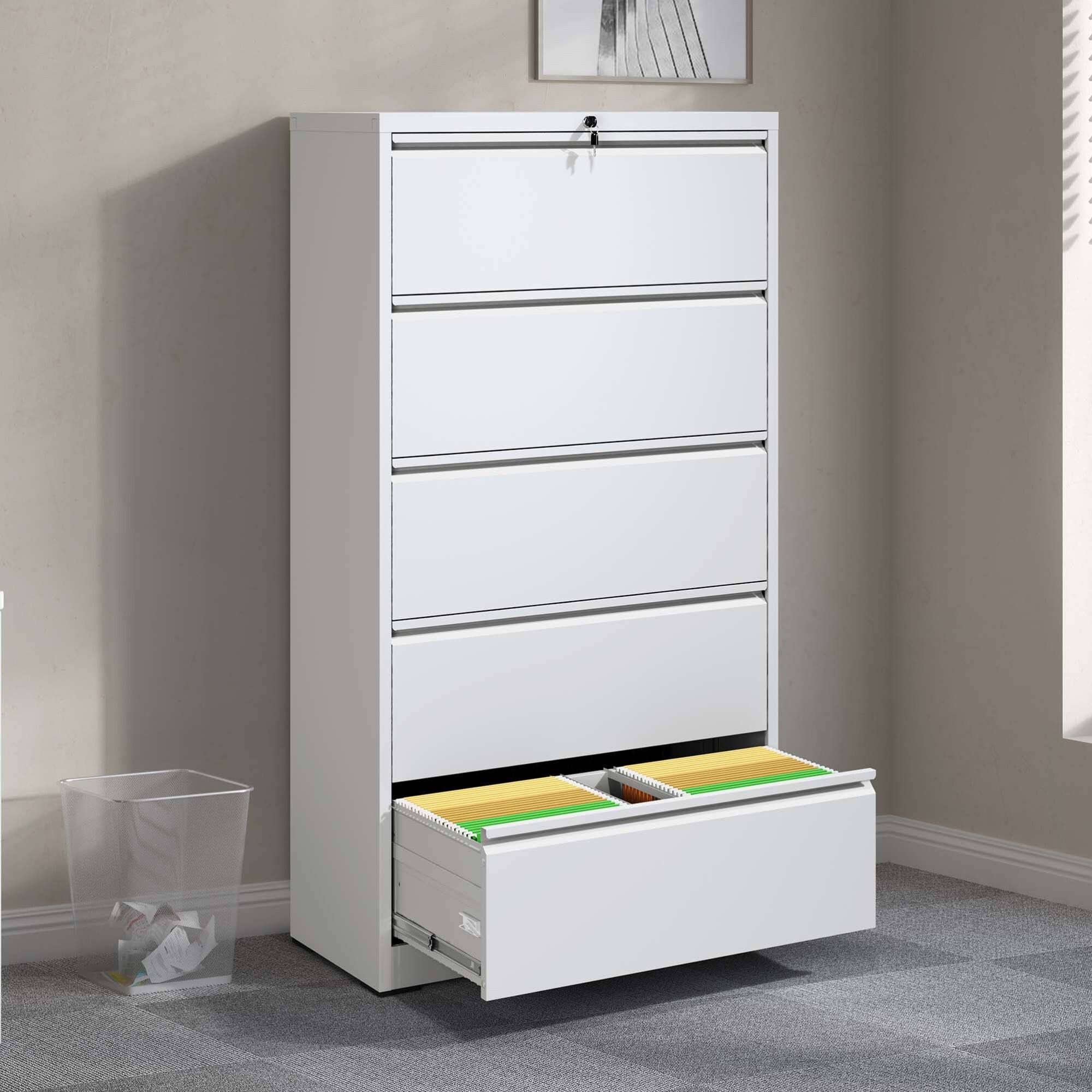 Alt View 5. GOODSILO - Steel Lateral Filing Cabinet with Locking System for Legal/Letter Files - 5 Drawers - White.