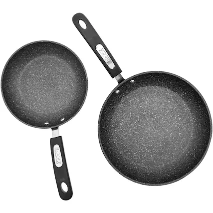 Front. THE ROCK by Starfrit - Set of 2 Fry Pans with Bakelite Handles - Black.