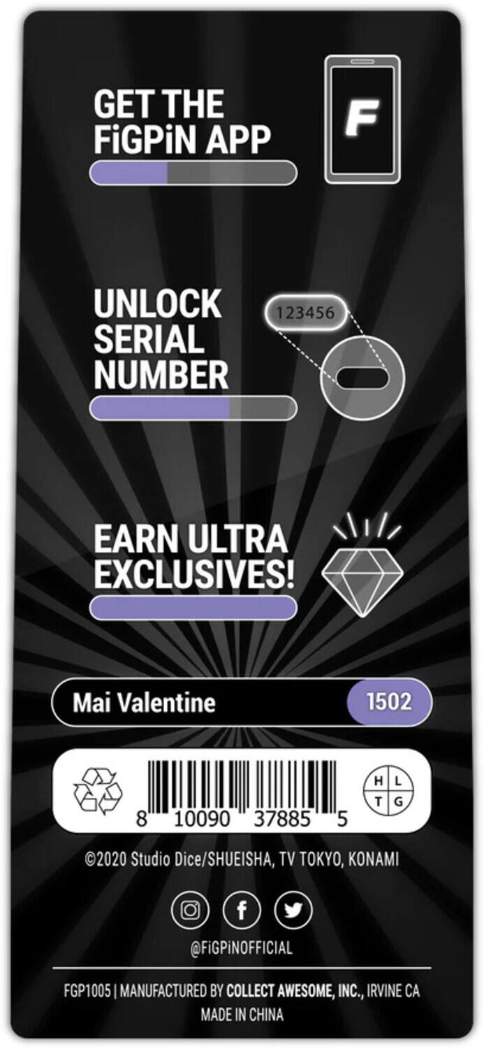 Here is the corrected and grouped text from the image:

---

**GET THE FiGPiN APP**  
**UNLOCK SERIAL NUMBER**  
**EARN ULTRA EXCLUSIVES!**

**Mai Valentine**  
1502

**10090 37885 5**

©2020 Studio Dice/SHUEISHA, TV TOKYO, KONAMI  
@FiGPiNOFFICIAL  
FGP1005 | MANUFACTURED BY COLLECT AWESOME, INC., IRVINE CA  
MADE IN CHINA

---

The serial number is: **123456**