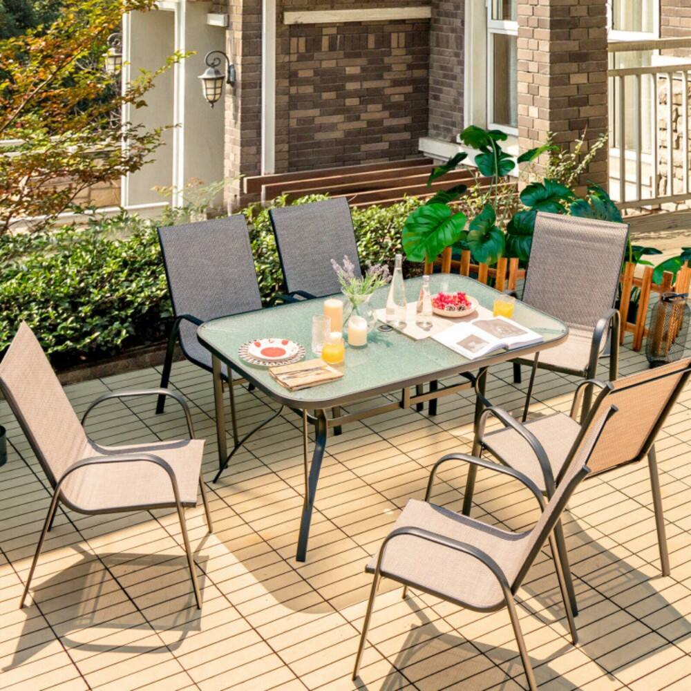 Angle. Mondawe - 7-Piece Patio Dining Set with 6 Stackable Chairs - Brown,Black.