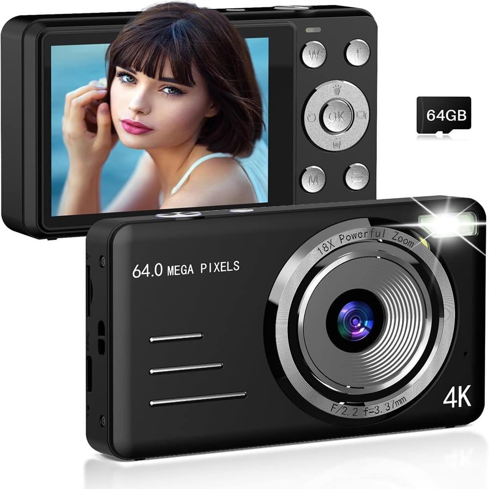 ACJPR - FHD 4K Digital Camera, 64MP, 18X Zoom, Anti-Shake, 64GB Card, Compact