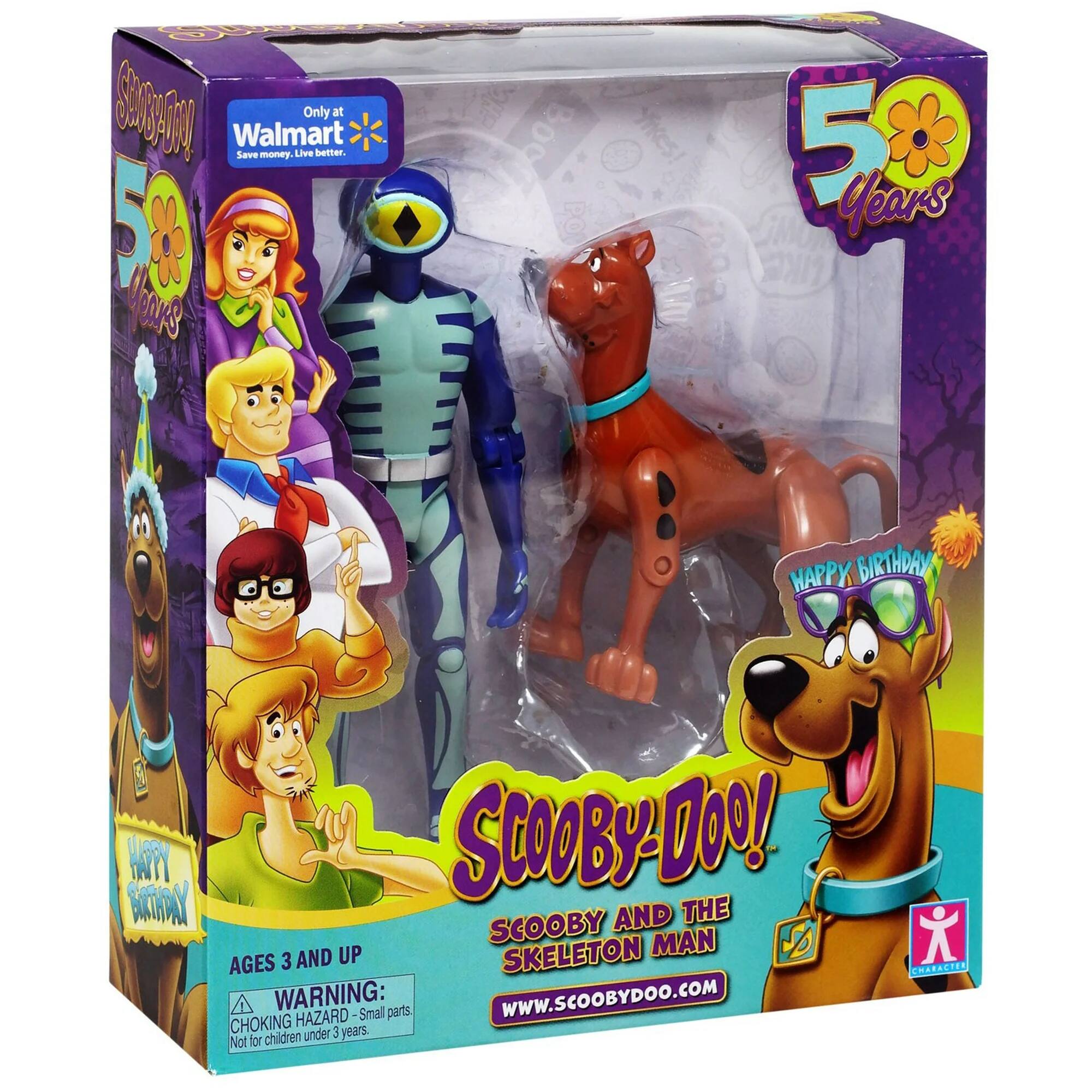 The text on the image can be grouped and corrected as follows:

- "Only at Walmart Save money Live better."
- "5 Years HAPPY BIRTHDAY"
- "Scooby-Doo and the Skeleton Man"
- "Ages 3 and up"
- "Warning: Small parts, Choking hazard - Not for children under 3 years"
- "www.scoobydoo.com"
- "Character"

The text "W B0C Jikes!" and "HAOTY BTHRY SCOOBYA DOO" appear to be errors or misinterpretations and should be disregarded.