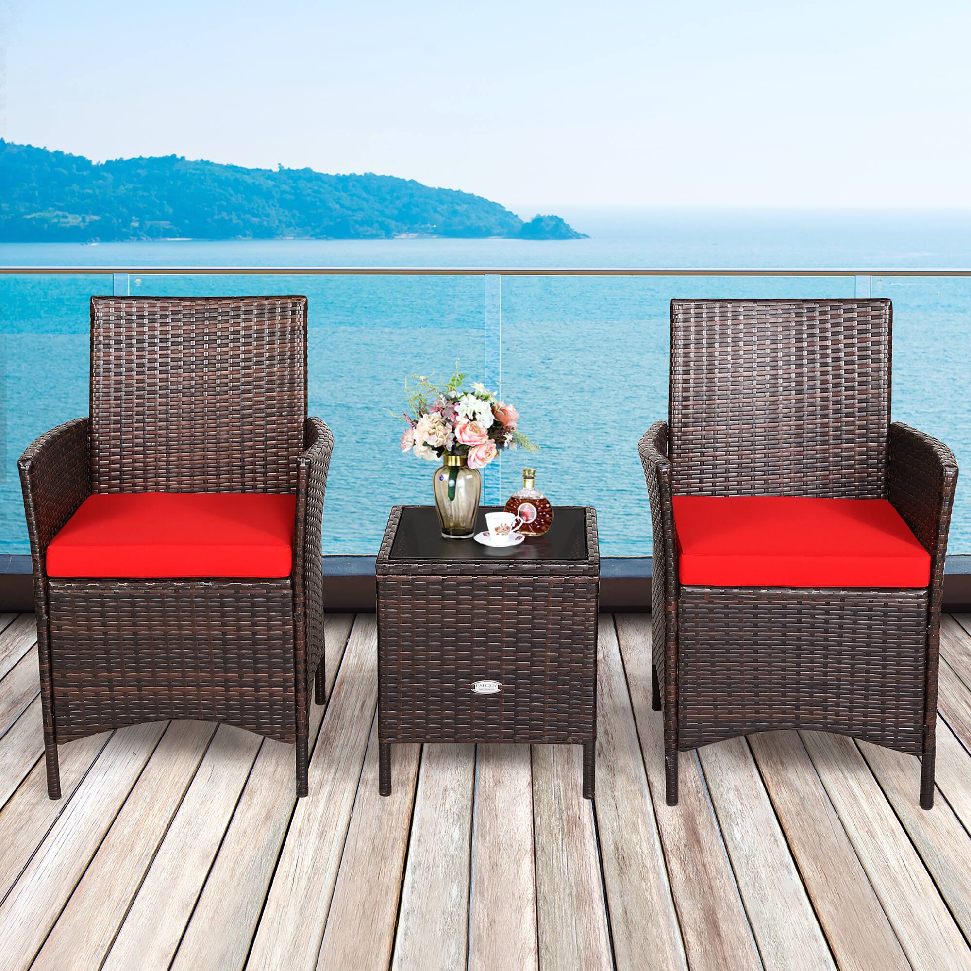 Alt View 1. Costway - 3PCS Patio Rattan Furniture Set Cushioned Sofa Glass Tabletop Deck - Red,Mix Brown.