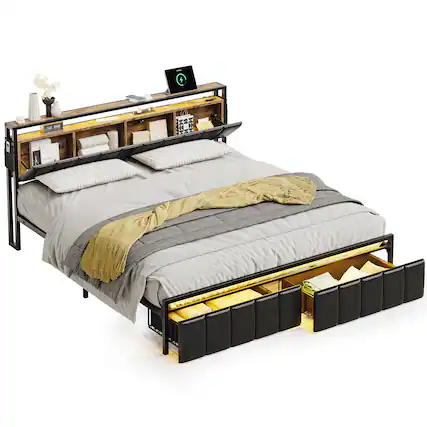 Front. Bestier - Gaming Bed Frame Storage Platform Bed with Charging Station Headboard and LED Lights King - Black.