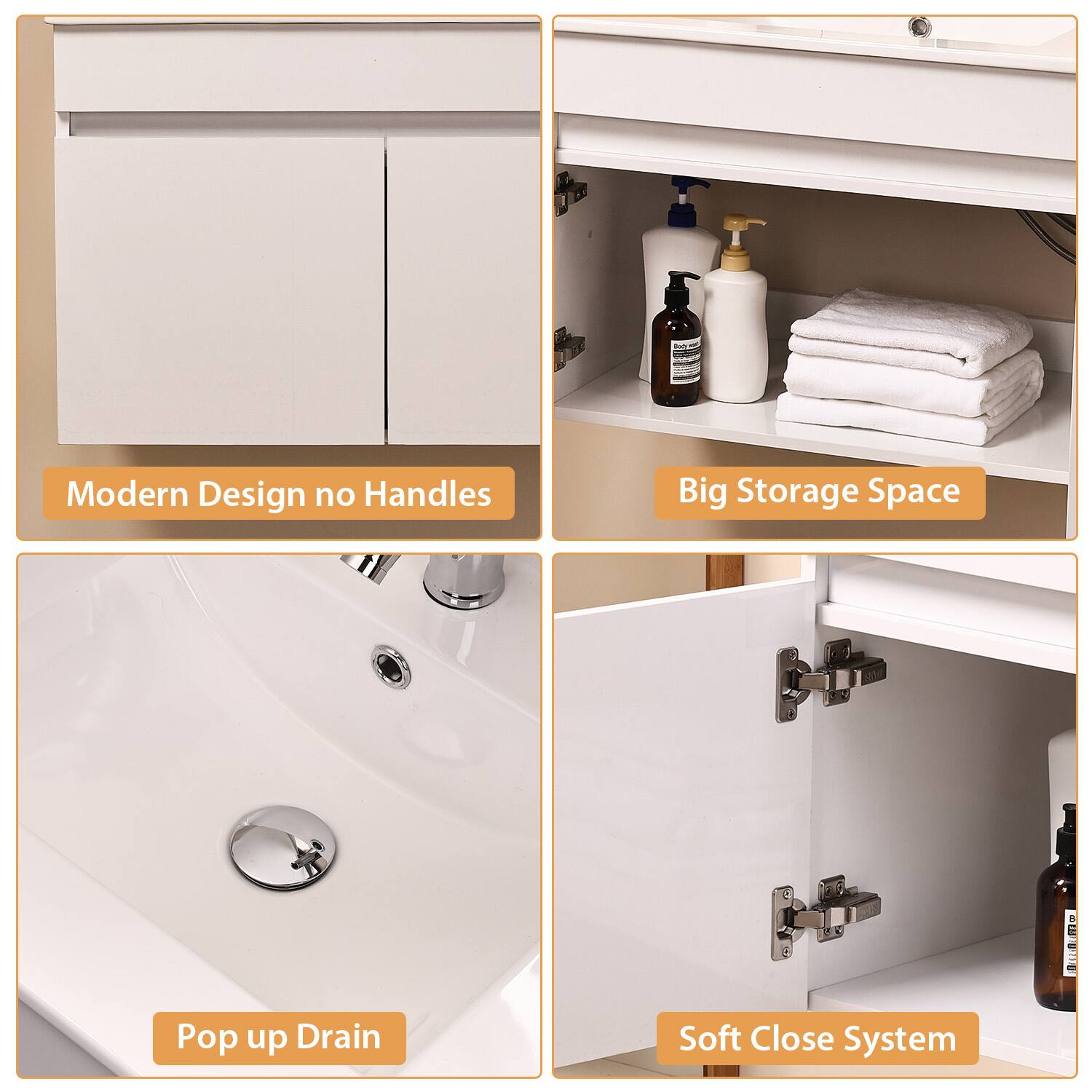 - Modern Design no Handles
- Big Storage Space
- Pop up Drain
- Soft Close System