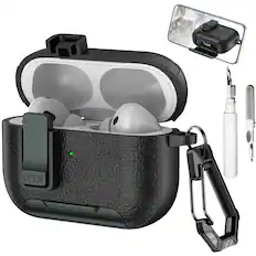 Front. Dteck - Case for Apple Airpods Pro 2nd Gen (2022) with Phone Holder & Keychain,Leather Texture Earbuds Cover for Man Women - Armyblack.