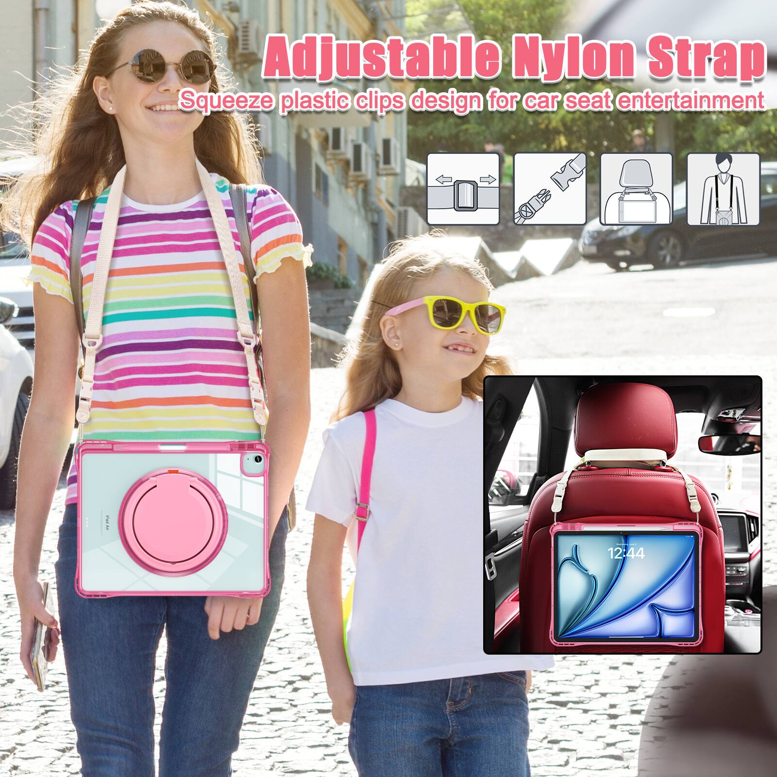 Adjustable Nylon Strap  
Squeeze plastic clips design for car seat entertainment