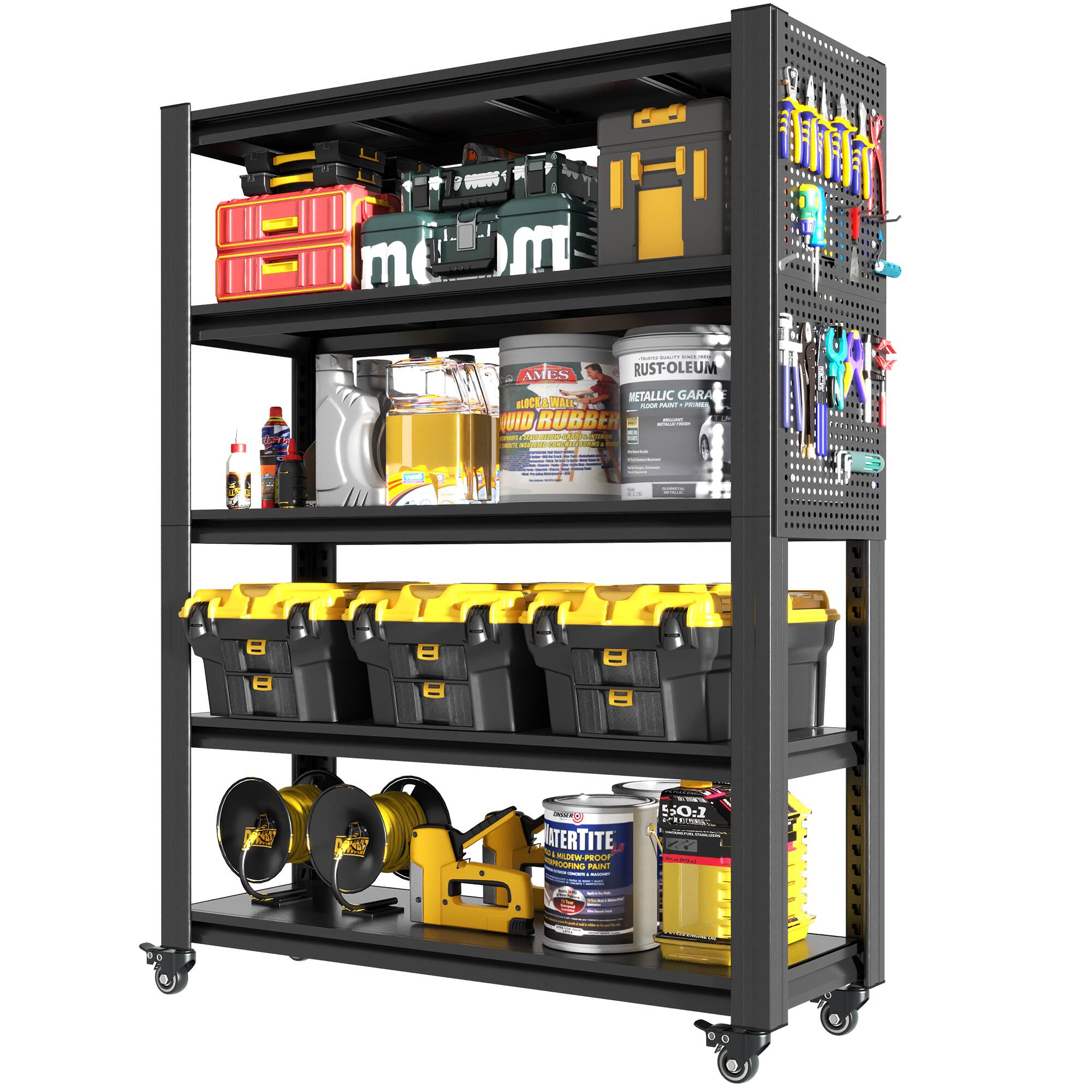 Lirago - 78"H Heavy Duty Metal Shelving Unit with Pegboard & Wheels 2000LB Capacity Freestanding Shelving for Garage - Black