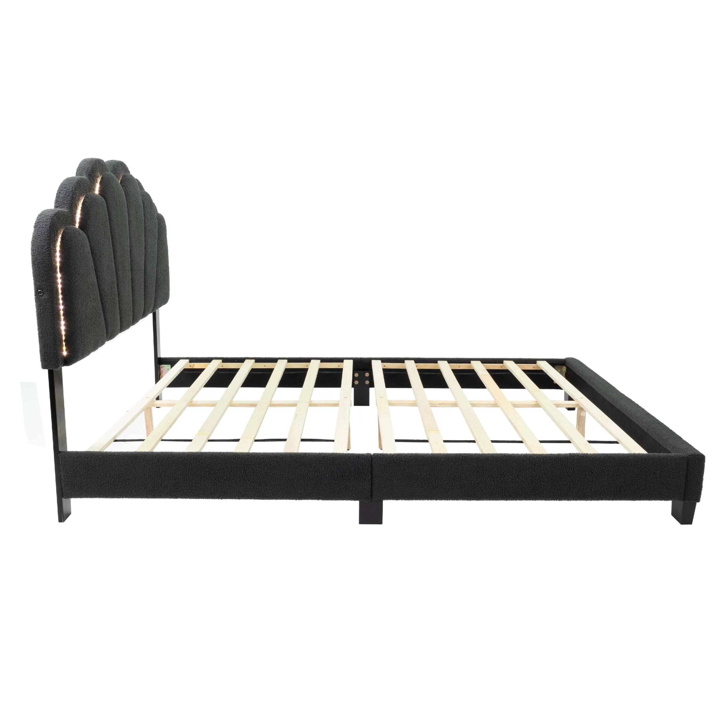 Back. Manhattan Lane - Madsy Full Bed, Gray Upholstered Fan-Shaped Headboard, Metallic Accents - Charcoal Gray, Black.