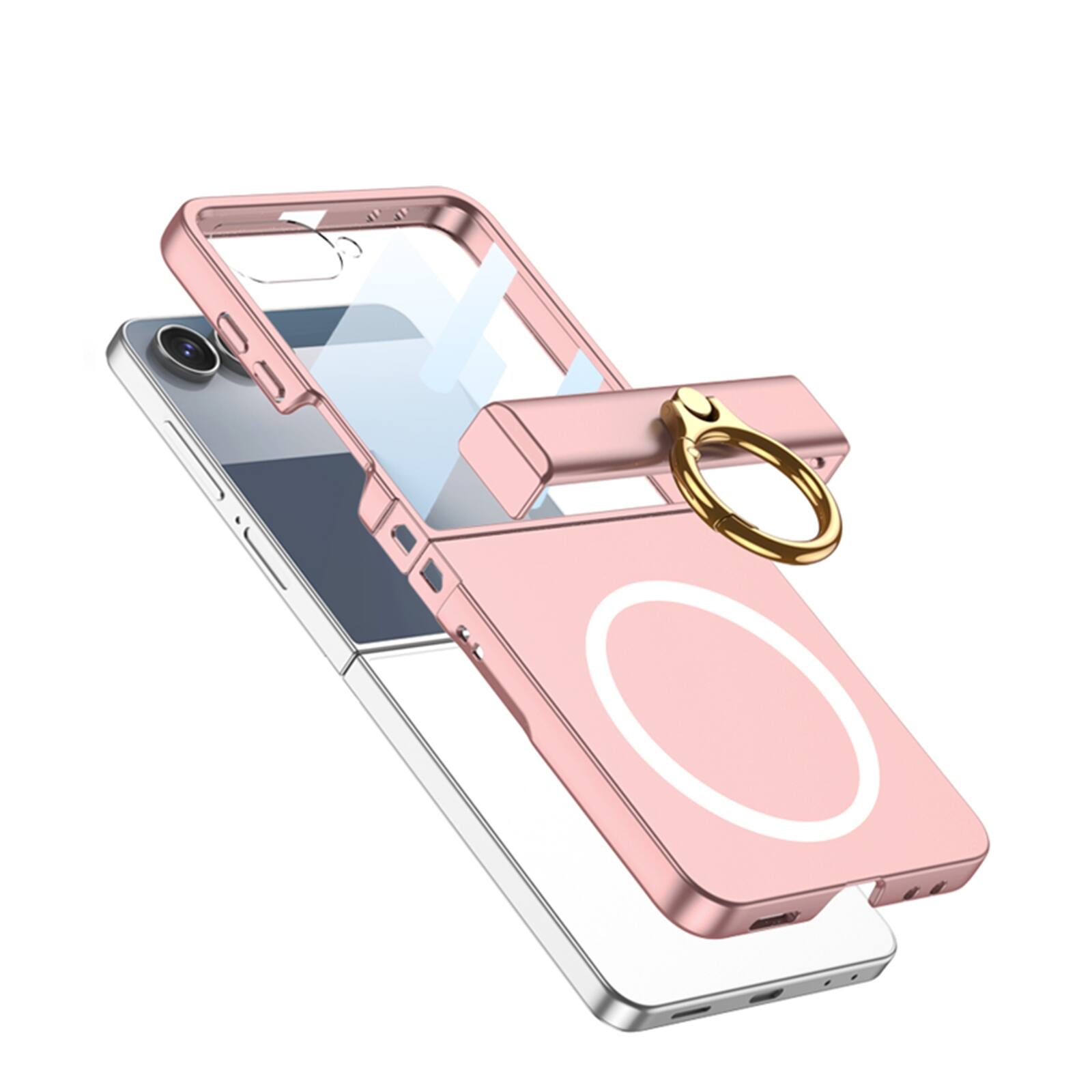 Back. Dteck - Built-in Screen Protector Magnetic Rugged Case For Samsung Galaxy Z Flip 7 Shockproof Ring Holder Kickstand Hing Cover - Pink.